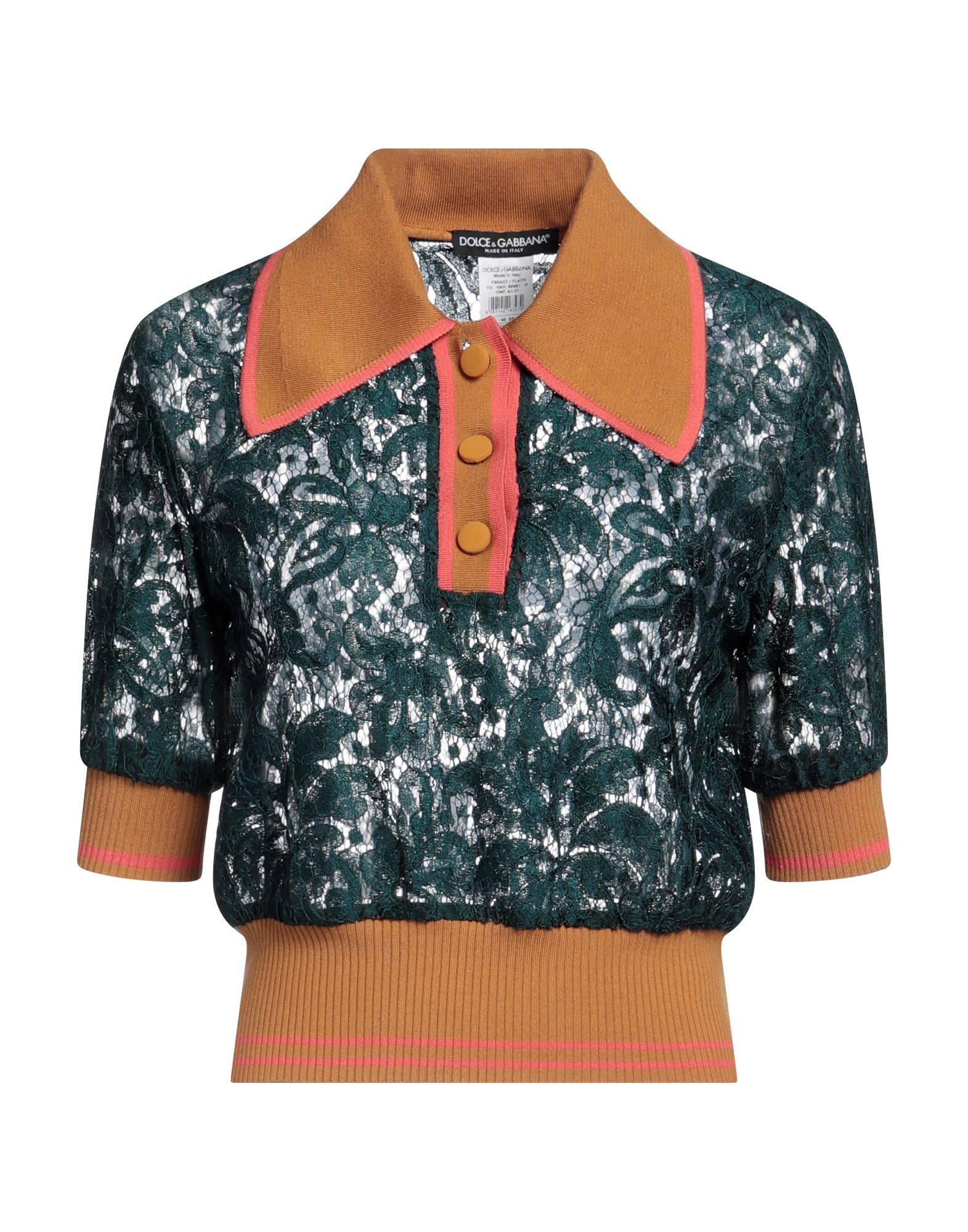 니트 소재, 레이스, 라이트웨이트 니트, 장식 부착 없음, 멀티컬러 패턴, 폴로 칼라, 쇼트 슬리브, 버튼 여밈, 포켓 없음, 드라이클리닝, 건조기 사용불가, 표백 금지. 이미지