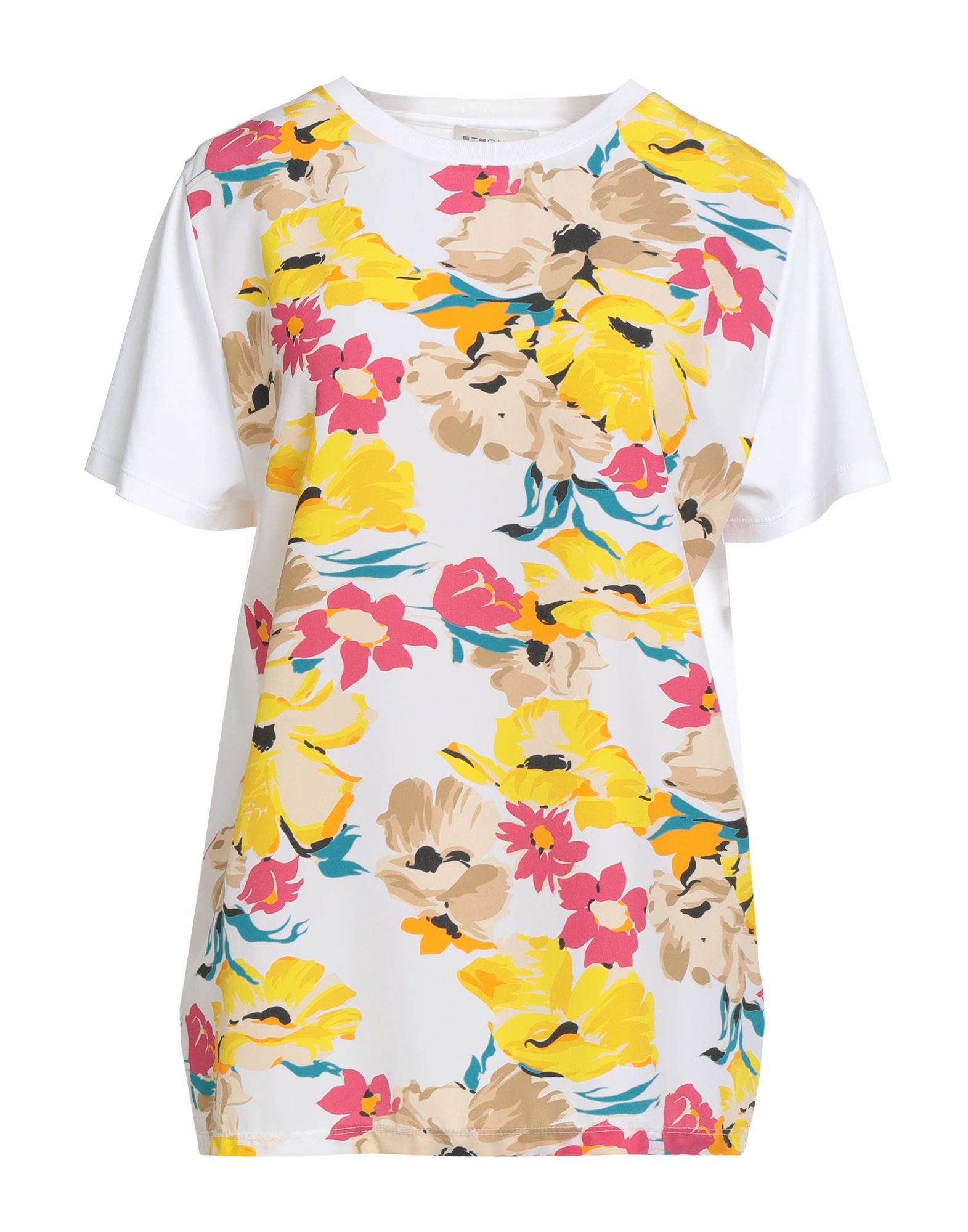 탑, 새틴, 저지, 플로럴 모티브, 장식 부착 없음, 크루넥, 쇼트 슬리브, 드라이클리닝, 표백 금지, 건조기 사용불가. 이미지