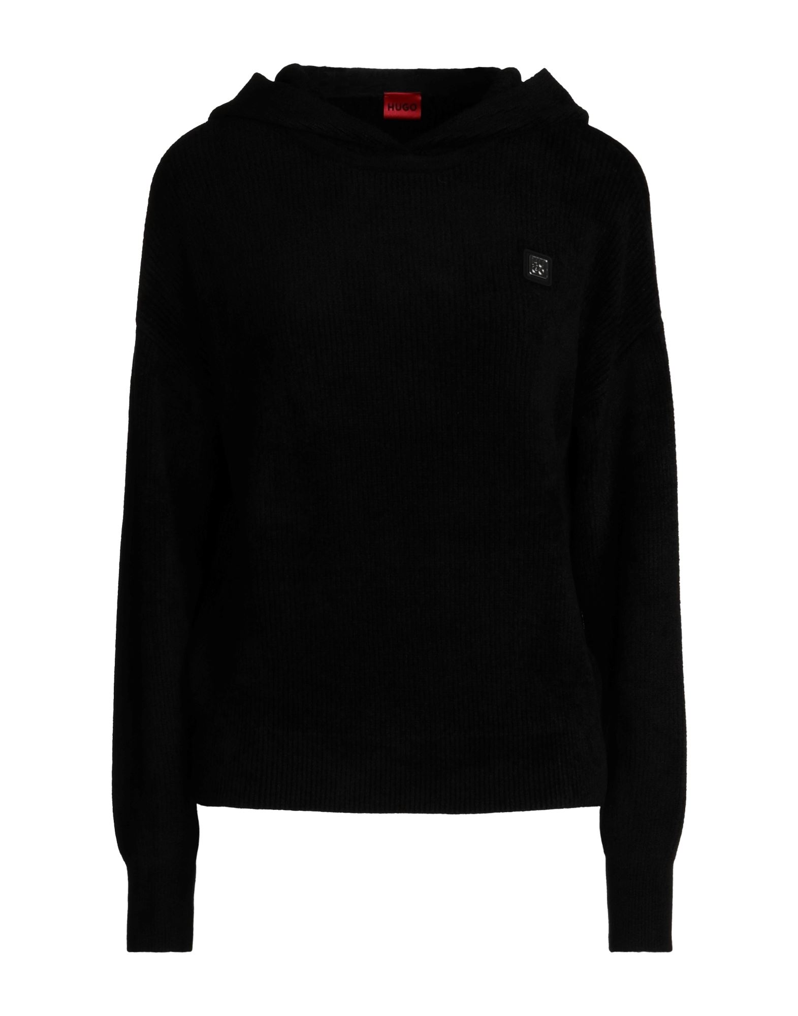 니트 소재, 리브(rib) 조직, 라이트웨이트 니트, 브랜드 로고, 솔리드 컬러, 후드, 롱 슬리브, 포켓 없음. 이미지