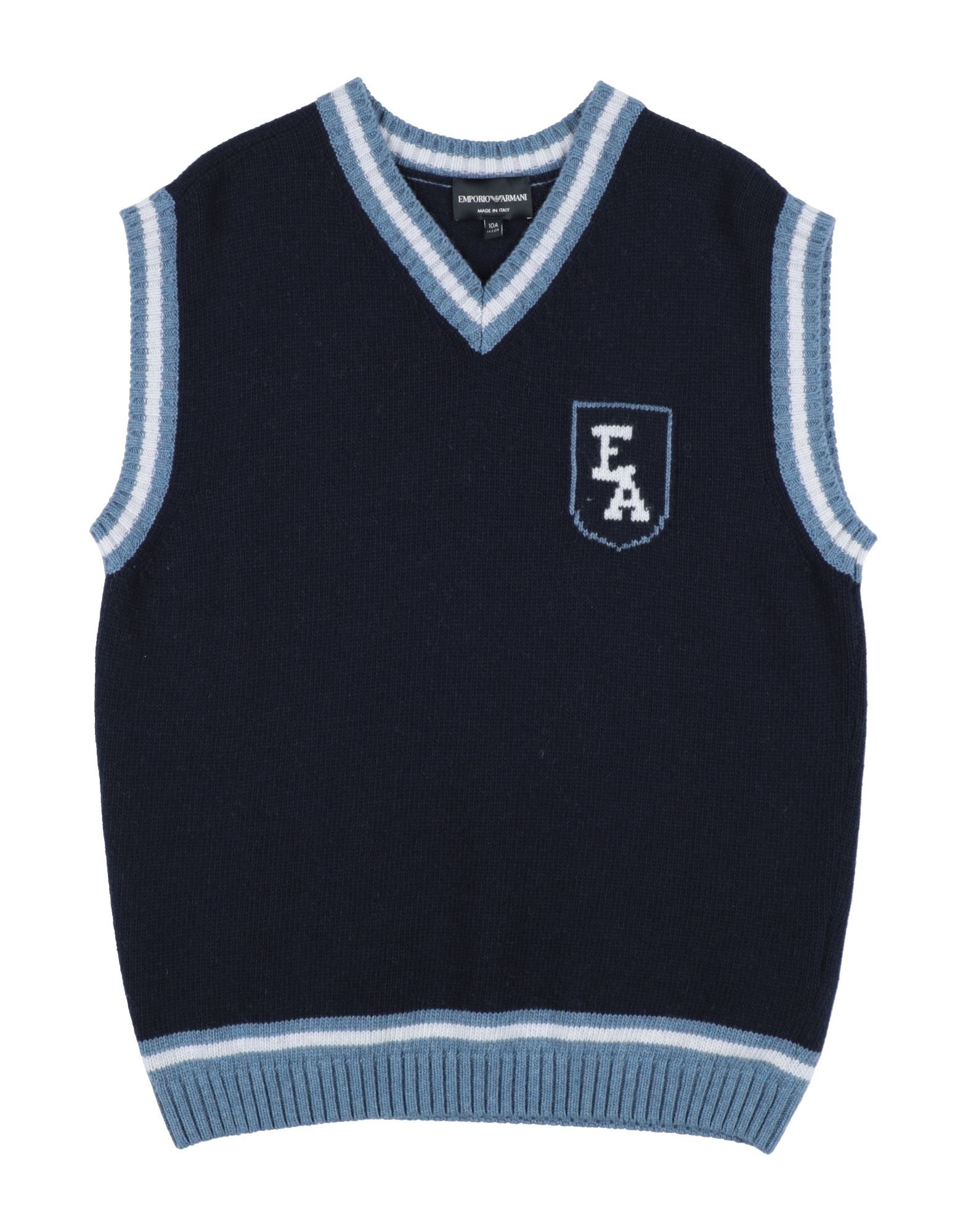 니트 소재, 미디엄웨이트 니트, 브랜드 로고, 멀티컬러 패턴, v 네크라인, 슬리브리스, 포켓 없음, 손세탁, 드라이클리닝 가능, 표백 금지, 건조기 사용불가, 최대 110degreec 다림질. 이미지