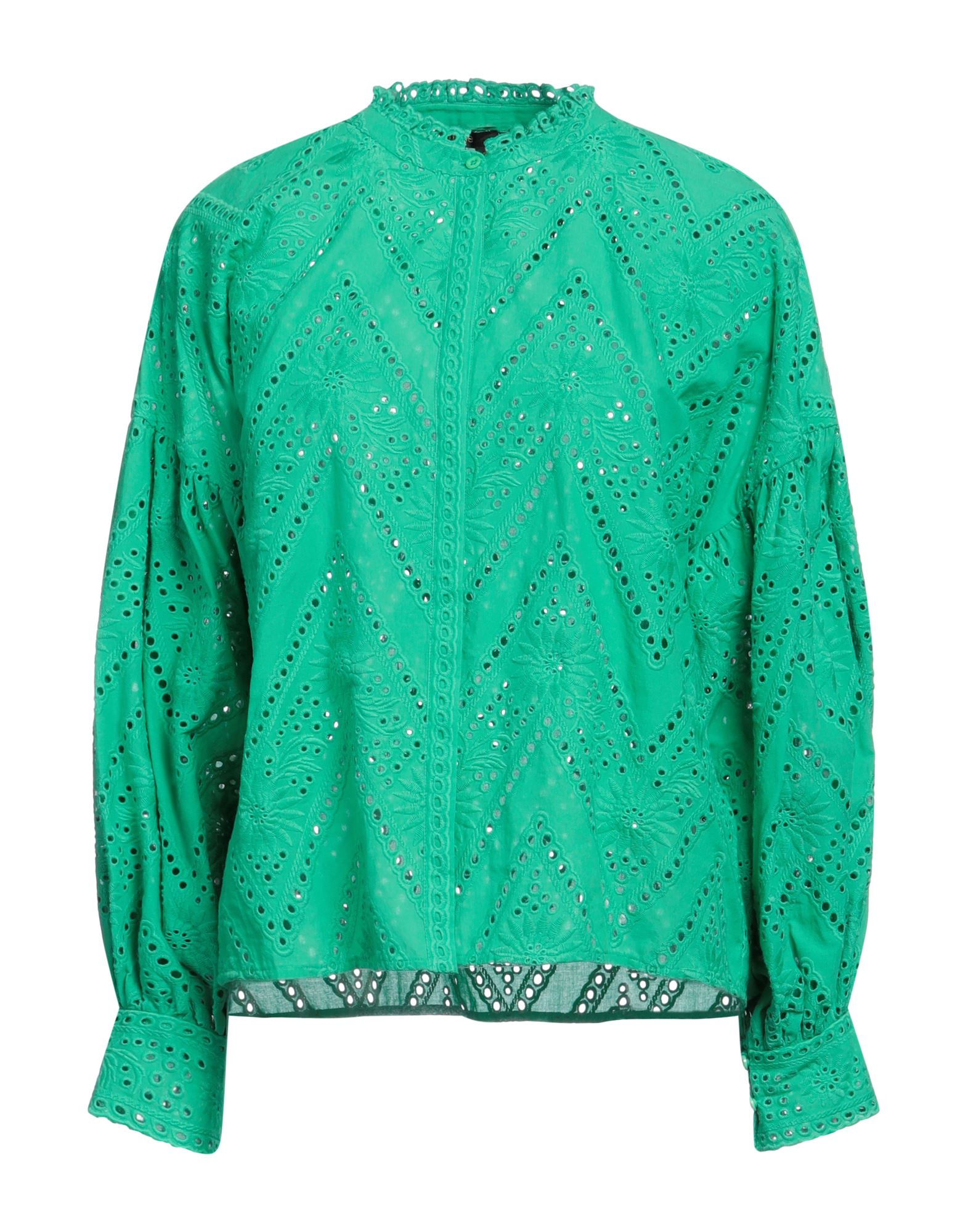 브로더리 엥그레에즈, 장식 부착 없음, 솔리드 컬러, 스탠드 칼라, 롱 슬리브, 엘라스틱 커프스, 히든 버튼, 포켓 없음, 셔츠. 이미지