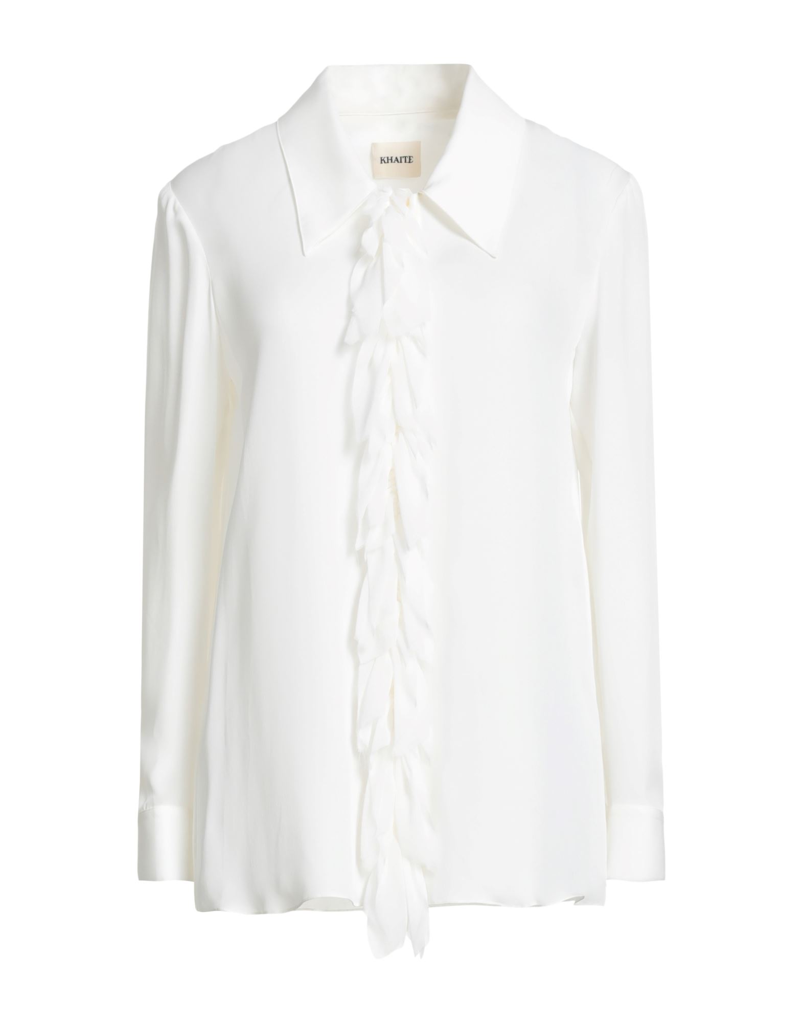 루쉬 디테일 셔츠, 조젯, 솔리드 컬러, 러플, 클래식 칼라, 롱 슬리브, 버튼 커프스, 히든 버튼 여밈, 드라이클리닝, 표백 금지, 건조기 사용불가, 결혼식 하객 스타일로도 적합한 특별한 날에 어울리는 우아한 세레모니 룩. 이미지