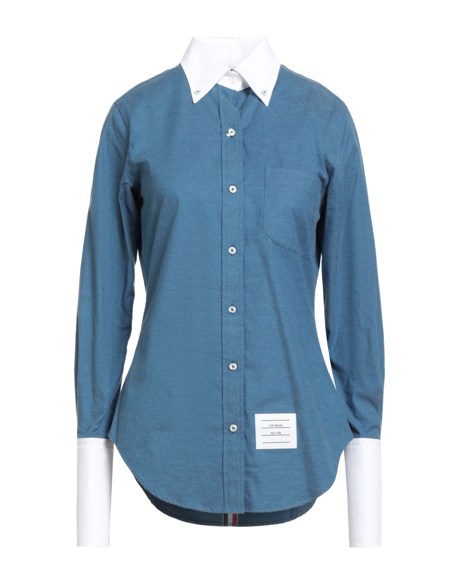 셔츠, 우븐, 투톤 패턴, 브랜드 로고, 버튼다운 칼라, 롱 슬리브, 버튼 커프스, 버튼 여밈, 포켓 1개, 동물성 비섬유 자재 함유, 세탁기 세탁 또는 드라이클리닝, 표백 금지, 건조기 사용불가. 이미지