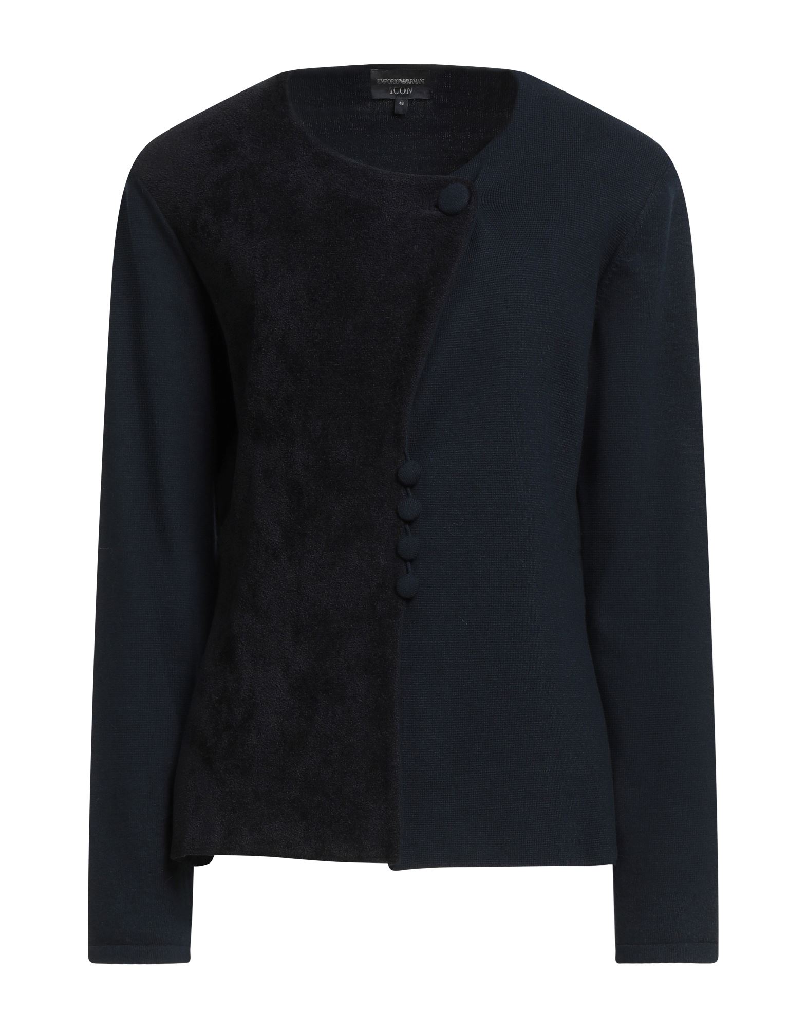 니트 소재, 셔닐, 라이트웨이트 니트, 장식 부착 없음, 솔리드 컬러, 롱 슬리브, 어깨 패드, 버튼 여밈, 드라이클리닝, 표백 금지, 건조기 사용불가. 이미지