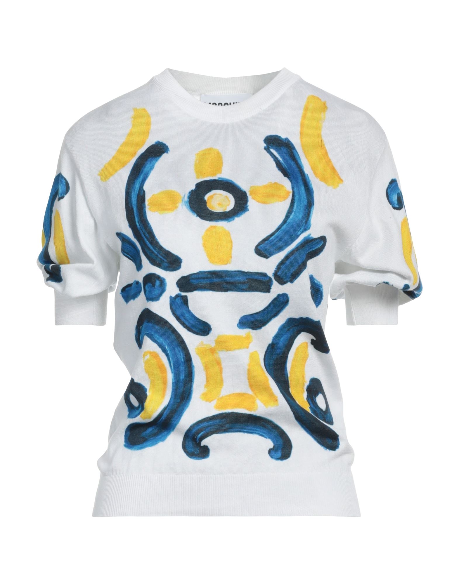 니트 소재, 라이트웨이트 니트, 장식 부착 없음, 멀티컬러 패턴, 크루넥, 쇼트 슬리브, 포켓 없음. 이미지