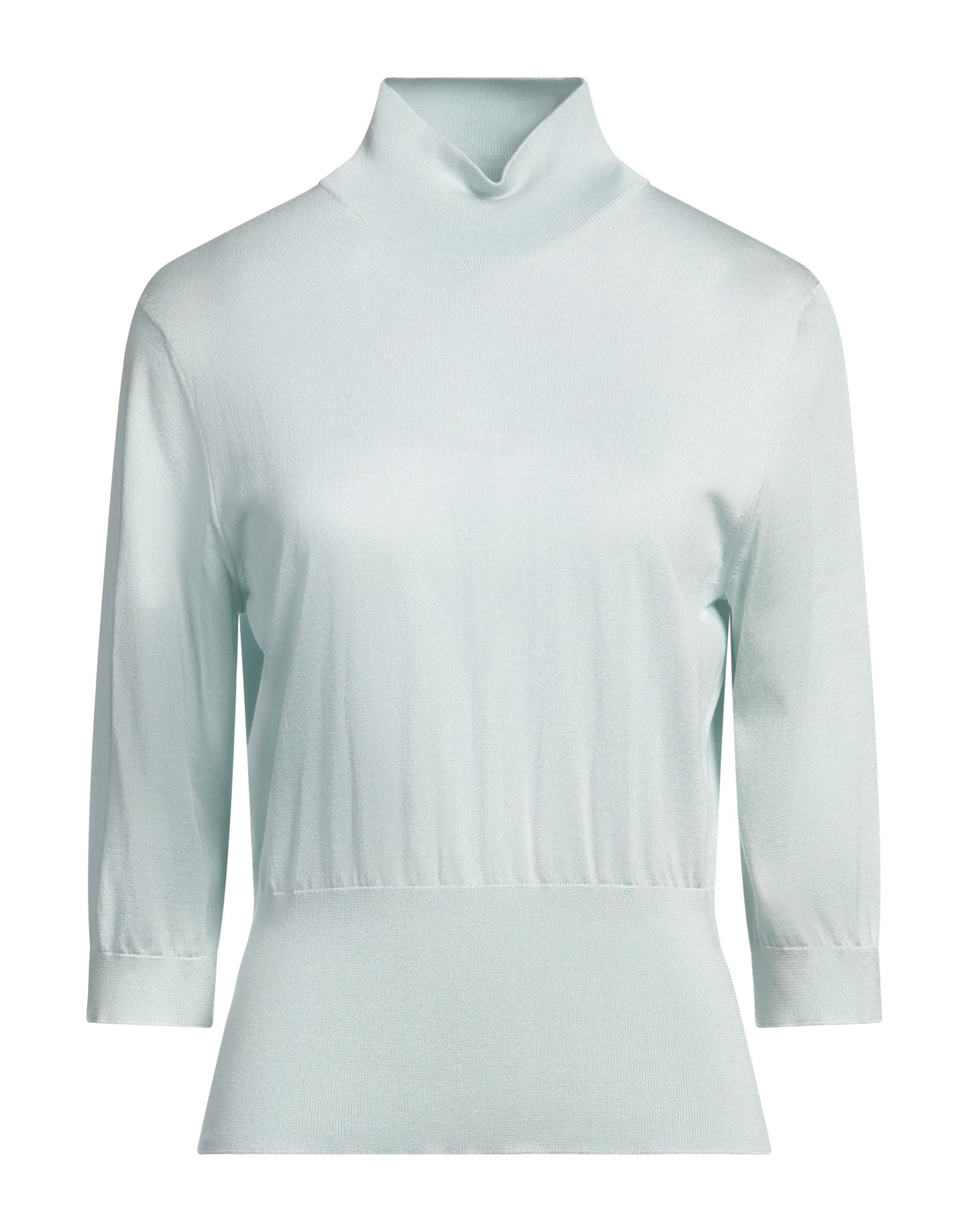 니트 소재, 라이트웨이트 니트, 장식 부착 없음, 솔리드 컬러, 터틀넥, 3/4길이 슬리브, 포켓 없음, 드라이클리닝, 표백 금지, 건조기 사용불가. 이미지