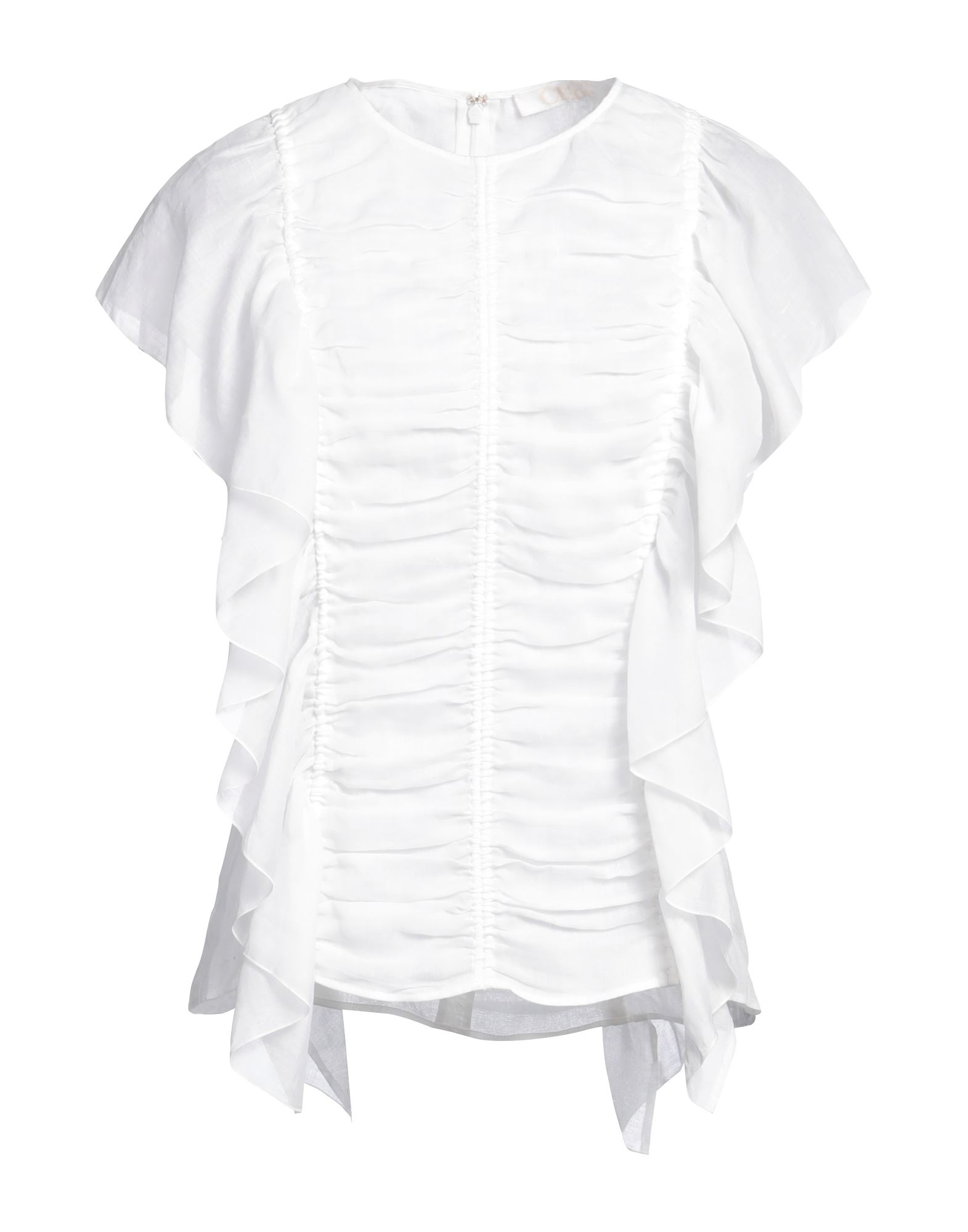 우븐, 러플, 솔리드 컬러, 크루넥, 쇼트 슬리브, 지퍼 여밈, 후크 여밈, 포켓 없음, 루쉬 디테일 탑. 이미지