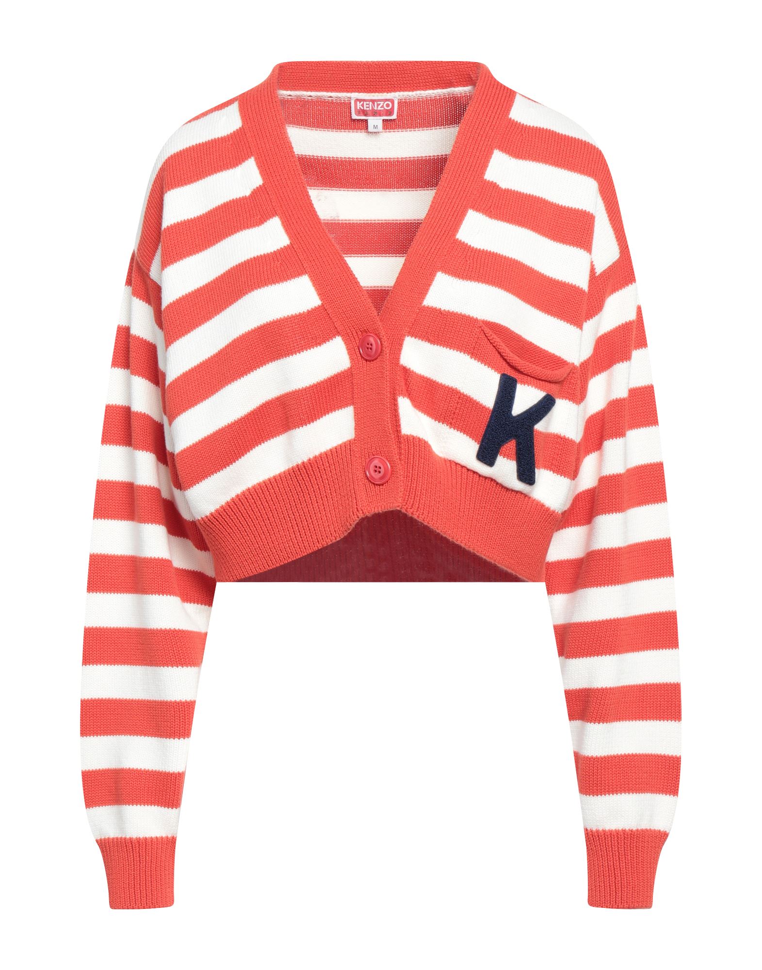 니트 소재, 라이트웨이트 니트, 브랜드 로고, 스트라이프, v 네크라인, 롱 슬리브, 버튼 여밈, 싱글 포켓. 이미지