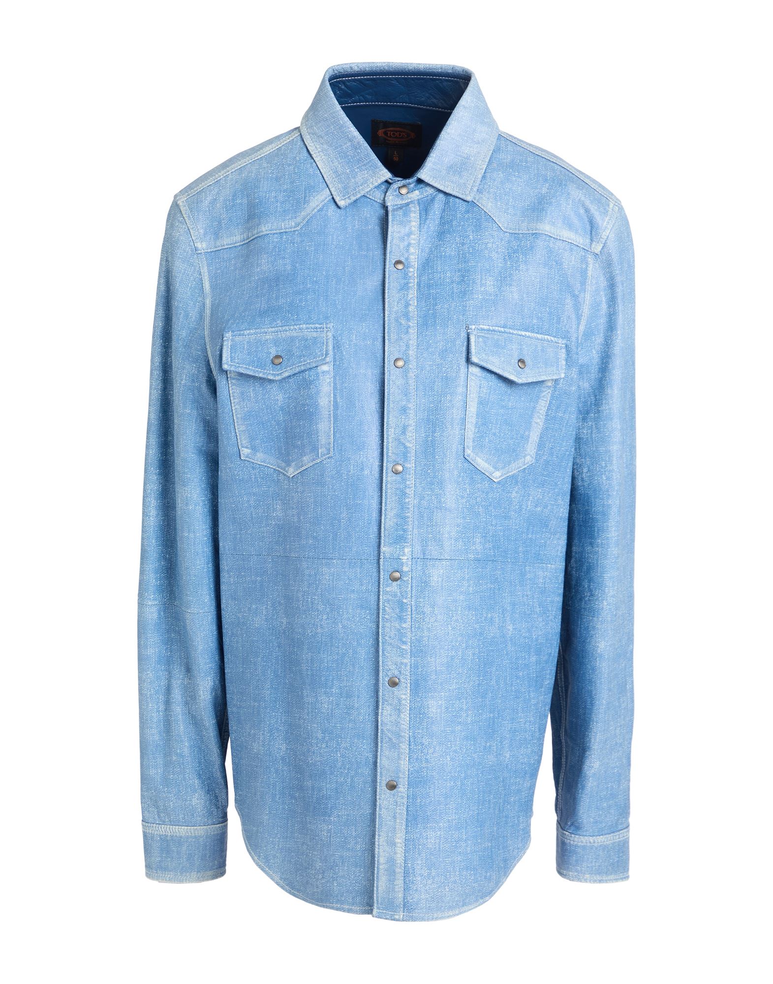 셔츠 자켓, 가죽, 데님 효과, 솔리드 컬러, 장식 부착 없음, 클래식 칼라, 롱 슬리브, 스냅버튼 커프스, 스냅버튼 여밈, 포켓 2개, 동물성 비섬유 자재 함유, 전문 세탁 또는 드라이클리닝, 표백 금지, 건조기 사용불가, 다림질 금지. 이미지