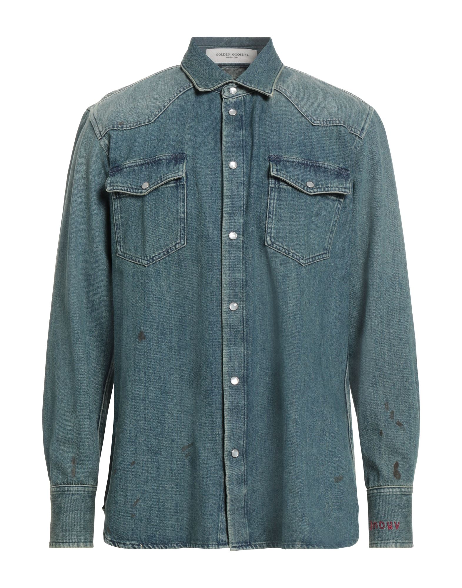 데님, 디스트레스드 효과, 바랜 효과, 솔리드 컬러, 브랜드 로고, 미디엄 워싱, 클래식 칼라, 롱 슬리브, 스냅버튼 커프스, 스냅버튼 여밈, 포켓 2개, 세탁기 세탁 또는 드라이클리닝, 표백 금지, 건조기 사용불가, 이 브랜드는 사이즈가 크게 나옵니다. 이미지