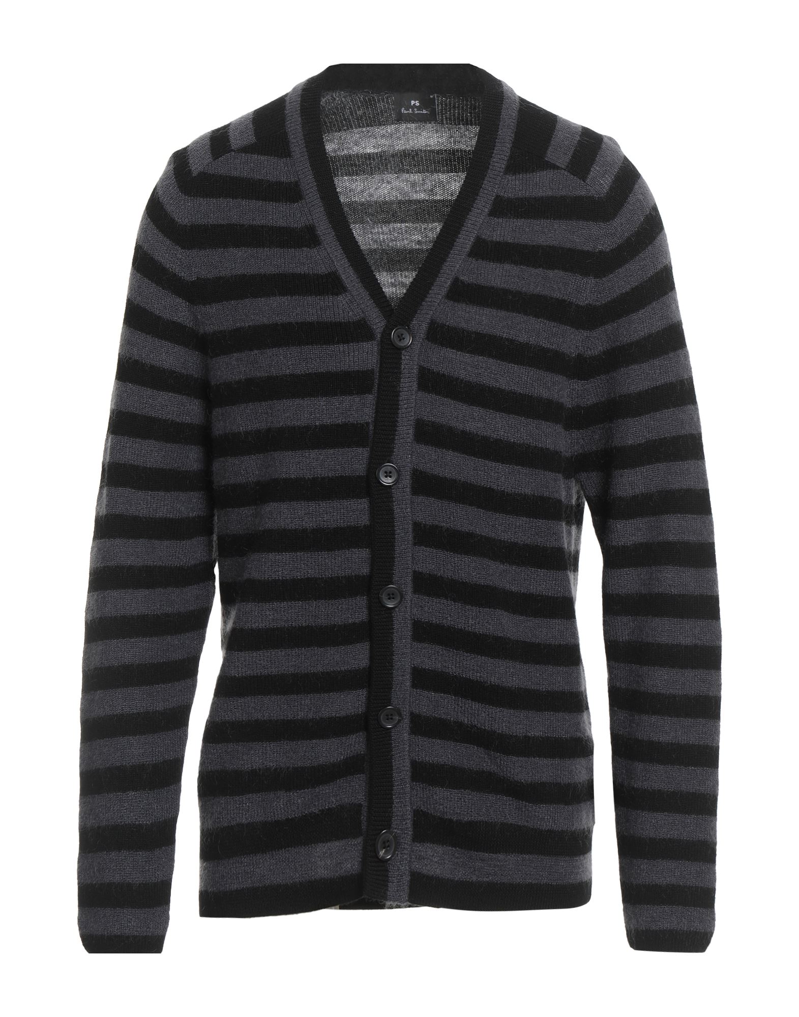 니트 소재, 라이트웨이트 니트, 스트라이프, 브랜드 로고, 롱 슬리브, 버튼 여밈, 동물성 비섬유 자재 함유. 이미지