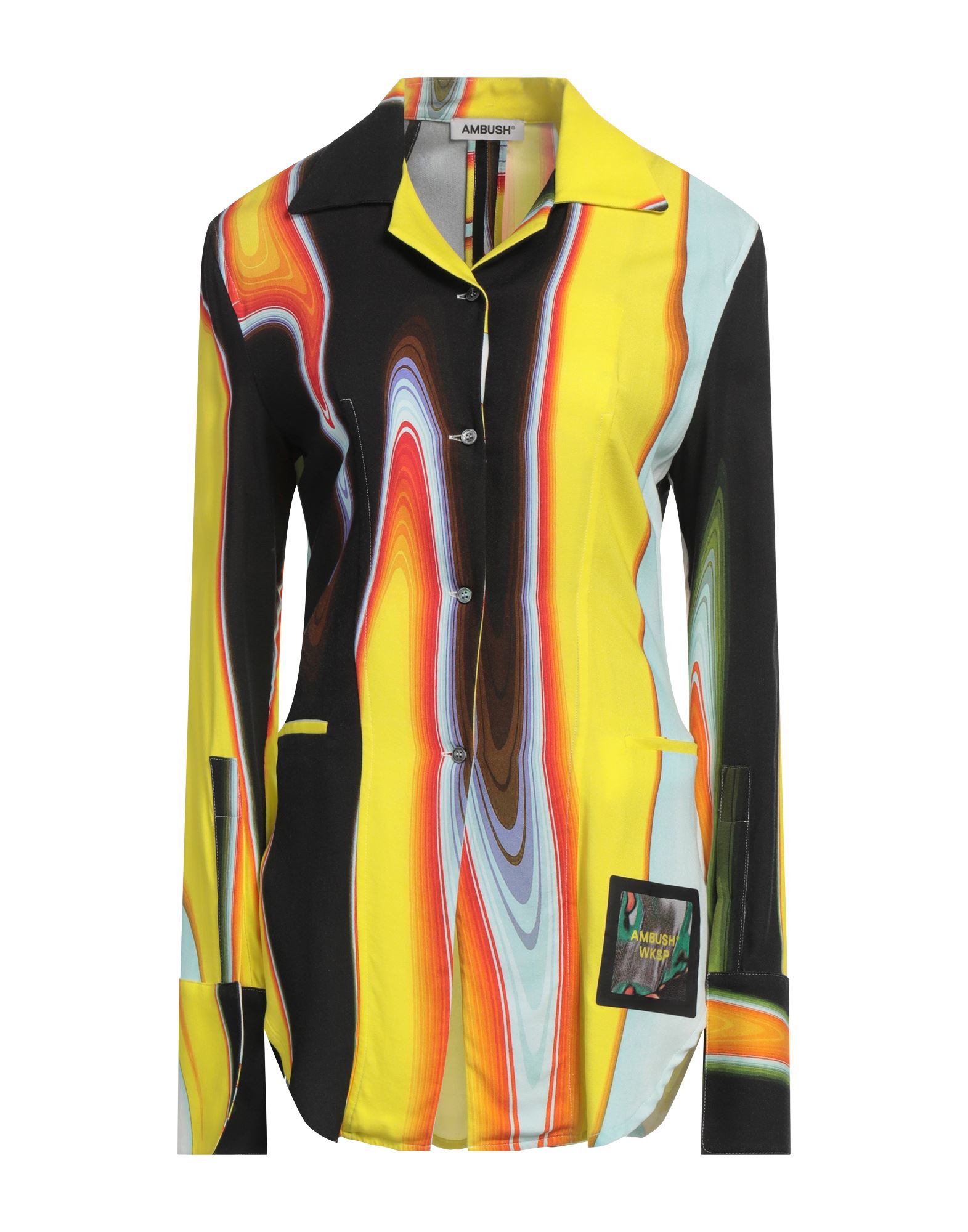 롱 셔츠, 우븐, 멀티컬러 패턴, 브랜드 로고, 캠프 칼라, 롱 슬리브, 버튼 여밈, 웰트 포켓, 드라이클리닝, 표백 금지, 건조기 사용불가. 이미지