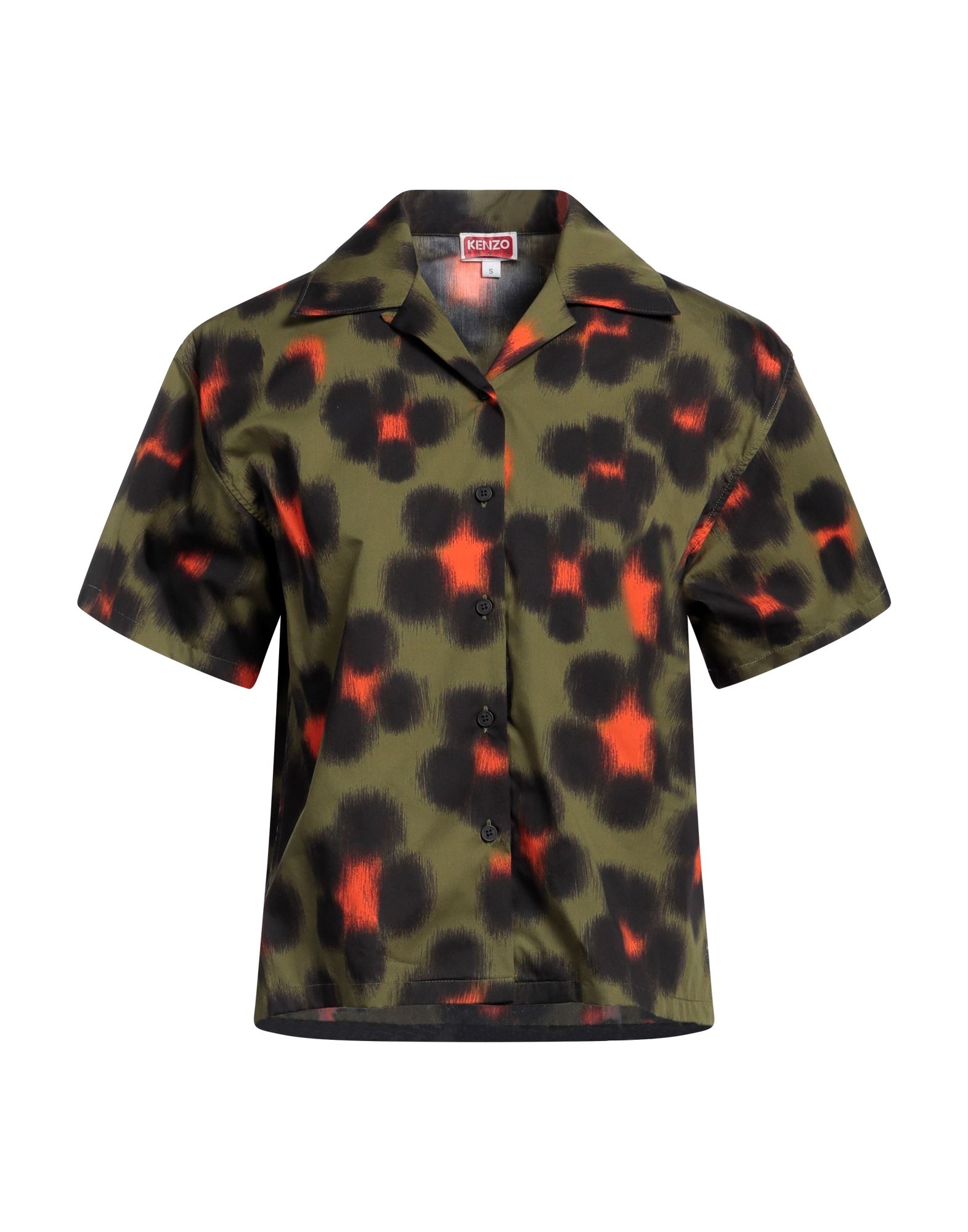 우븐, 브랜드 로고, 플로럴 모티브, 클래식 칼라, 쇼트 슬리브, 버튼 여밈, 사이드 슬릿 헴라인, 셔츠. 이미지