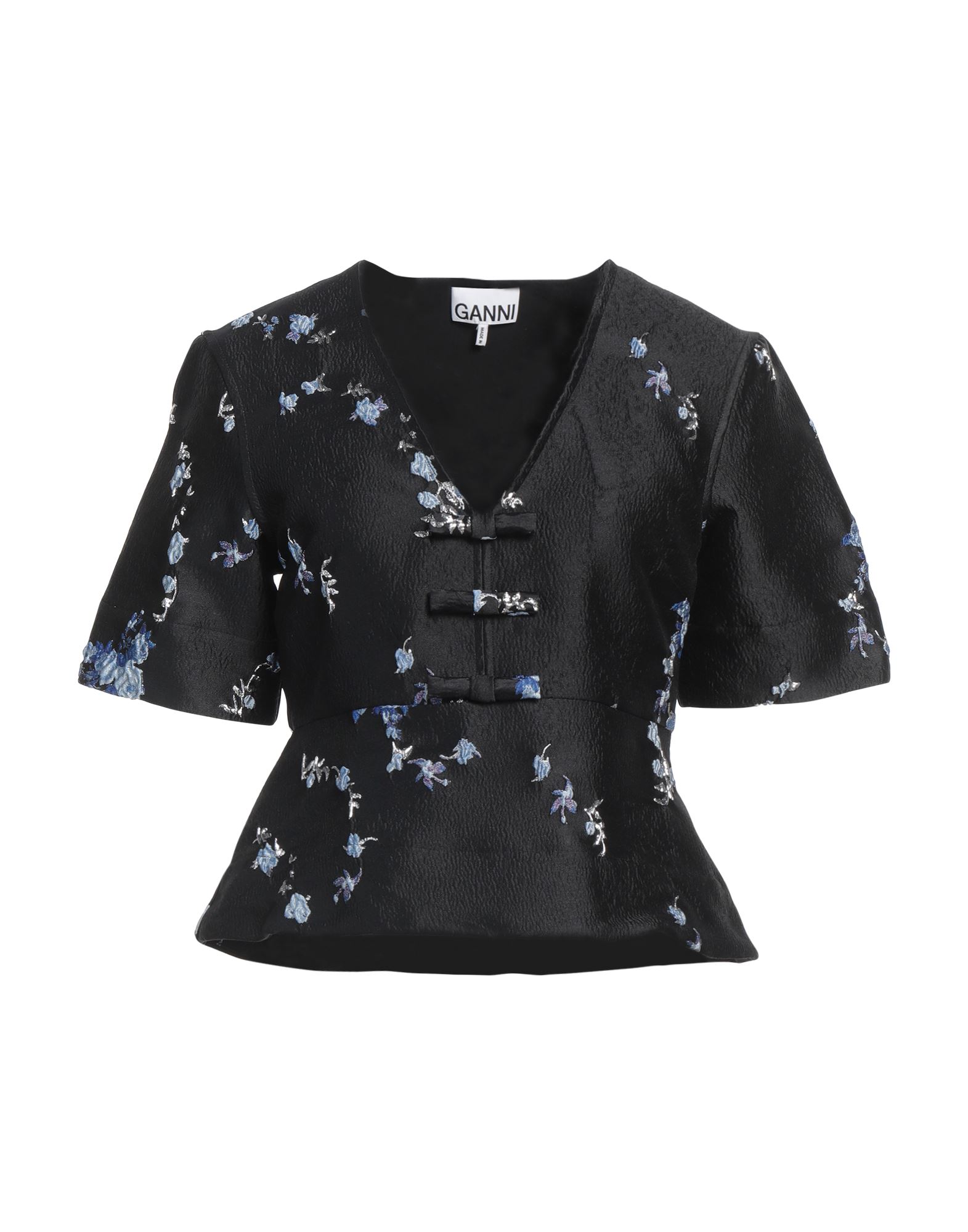 탑, 브로케이드, 플로럴 모티브, 장식 부착 없음, 딥 네크라인, 쇼트 슬리브, 지퍼 여밈, 세탁기로 세탁, 건조기 사용불가. 이미지