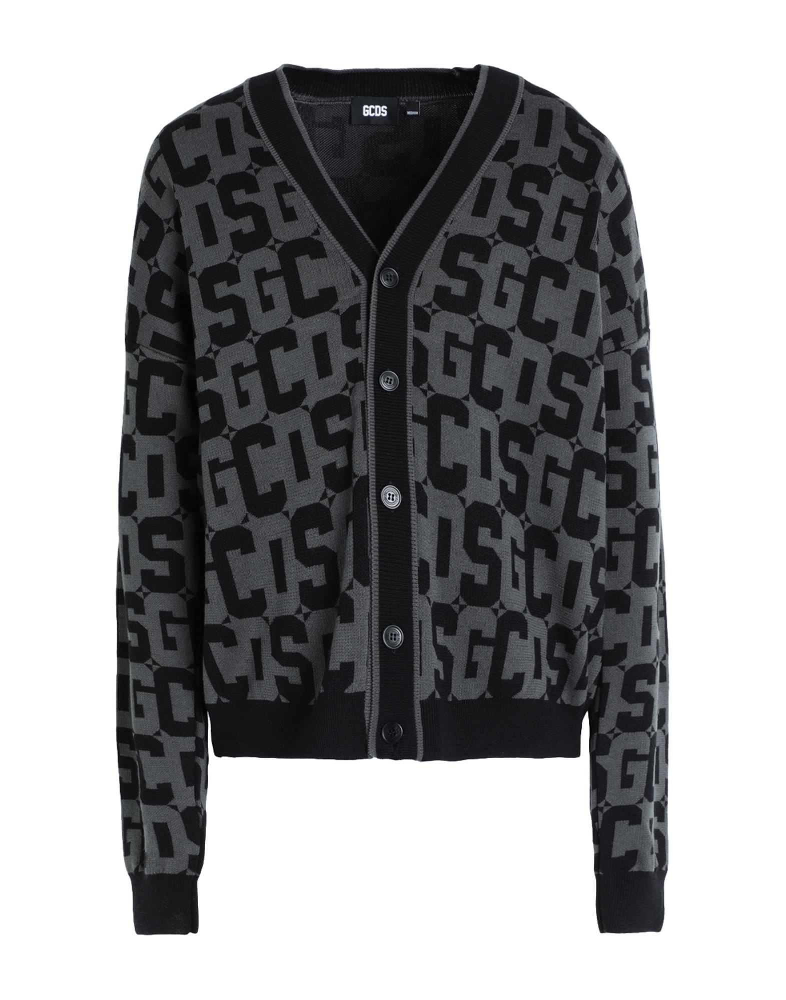 니트 소재, 자카드, 라이트웨이트 니트, 브랜드 로고, 로고 디자인, v 네크라인, 롱 슬리브, 버튼 여밈, 포켓 없음. 이미지