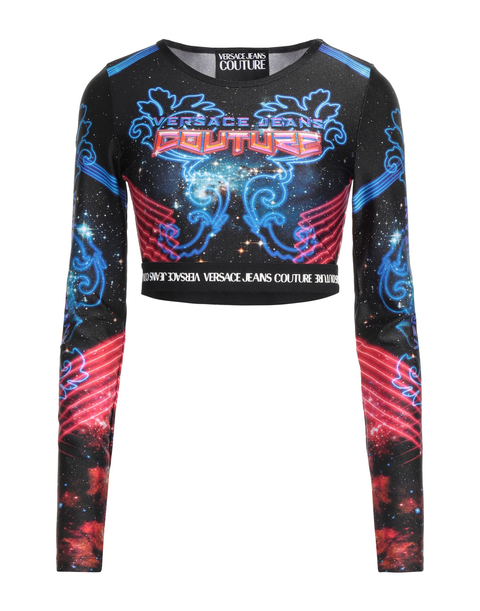 크롭 탑, 합성 저지, 멀티컬러 패턴, 장식 효과, 브랜드 로고, 크루넥, 롱 슬리브, 스트레치, 이 브랜드는 사이즈가 작게 나옵니다. 이미지