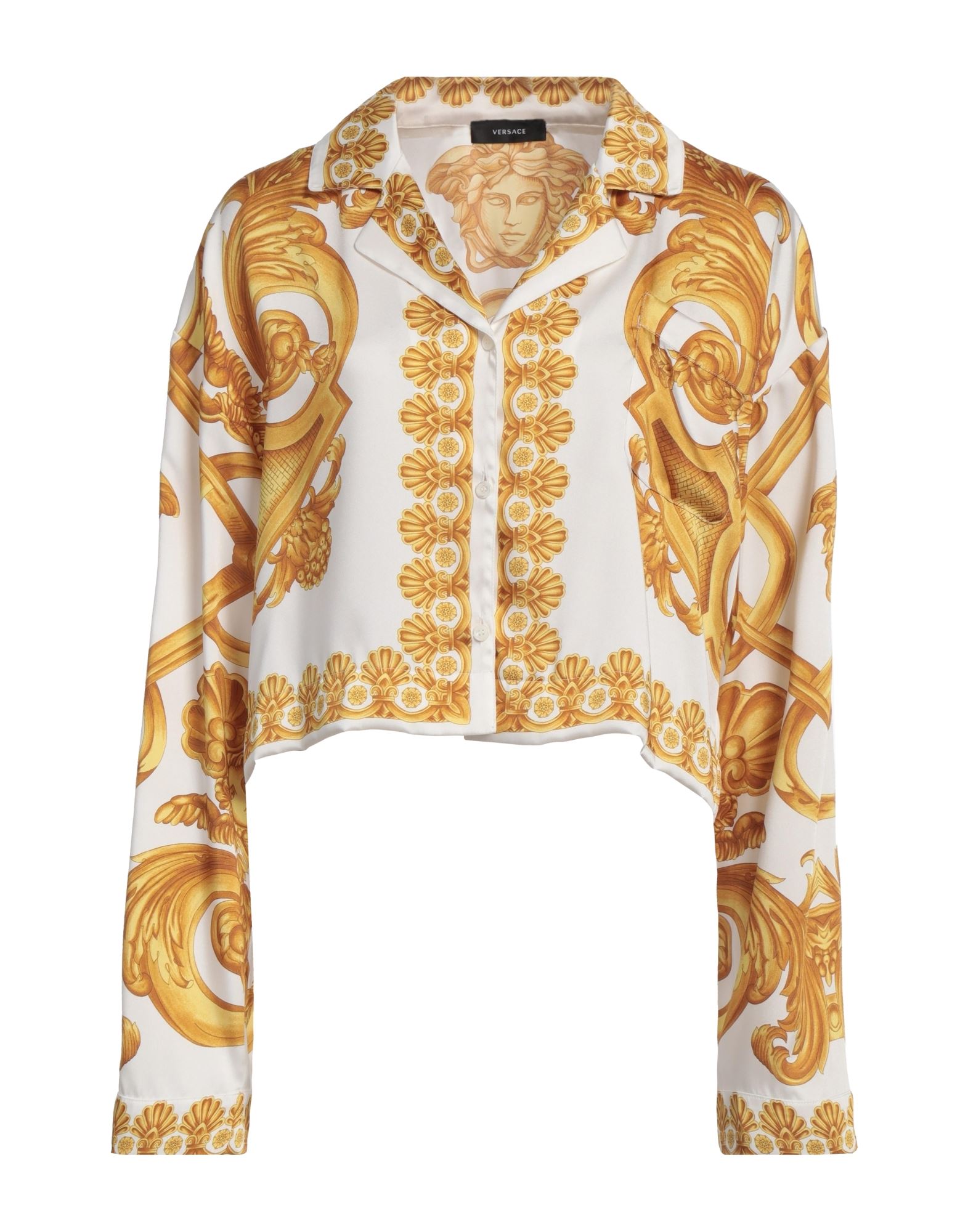 셔츠, 새틴, 시그니처 프린트, 크롭트, 라펠, 롱 슬리브, 버튼 커프스, 버튼 여밈, 포켓 1개, 세탁기로 세탁, 표백 금지, 건조기 사용불가. 이미지