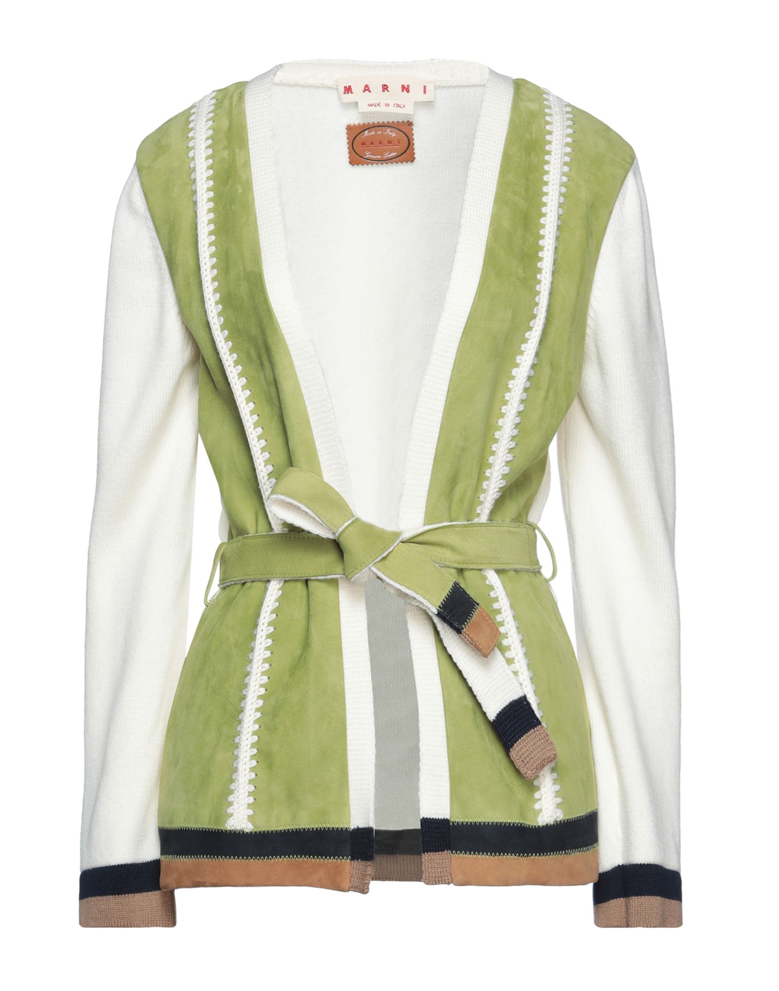 가죽, 니트 소재, 벨트, 멀티컬러 패턴, 딥 네크라인, 롱 슬리브, 부분적으로 안감 처리한 내부, 멀티 포켓, 동물성 비섬유 자재 함유, 라이트웨이트 니트. 이미지