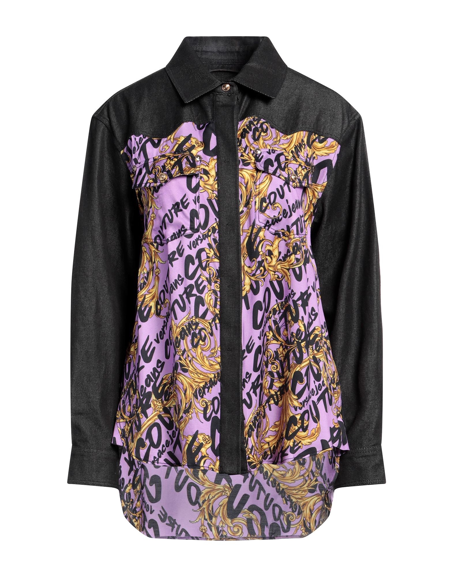 데님, 새틴, 브랜드 로고, 로고 디자인, 컬러 워싱, 클래식 칼라, 롱 슬리브, 히든 버튼, 더블 포켓, 스몰 핏. 이미지