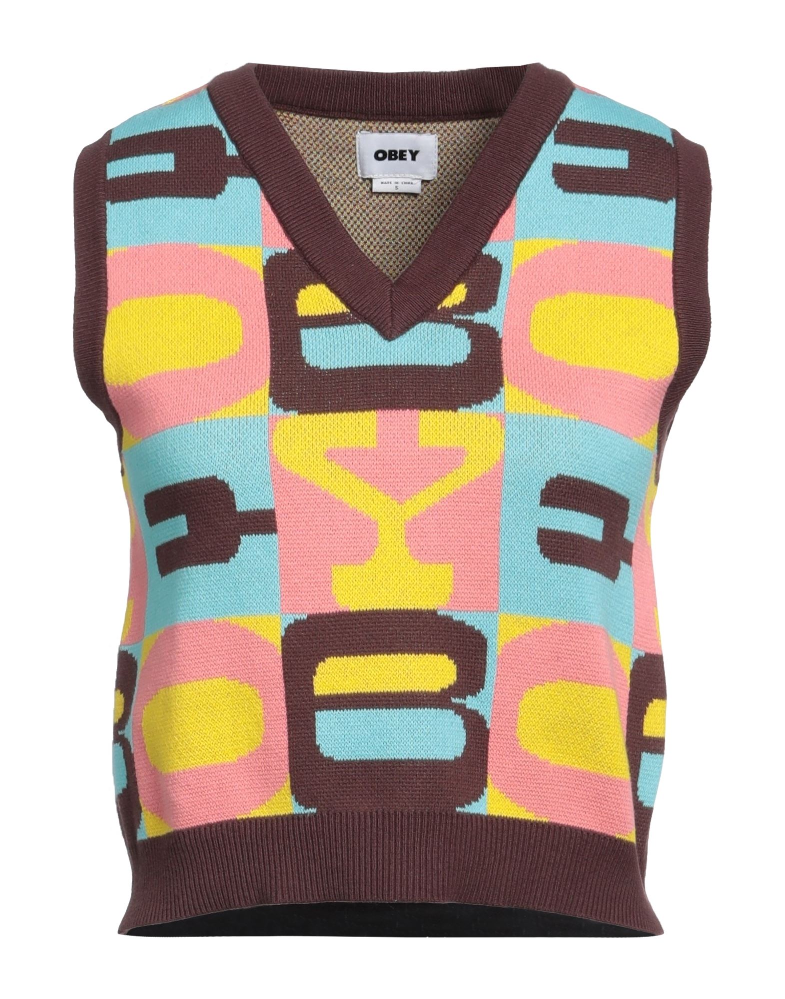 니트 소재, 라이트웨이트 니트, 브랜드 로고, 멀티컬러 패턴, v 네크라인, 슬리브리스, 안감없음, 포켓 없음. 이미지