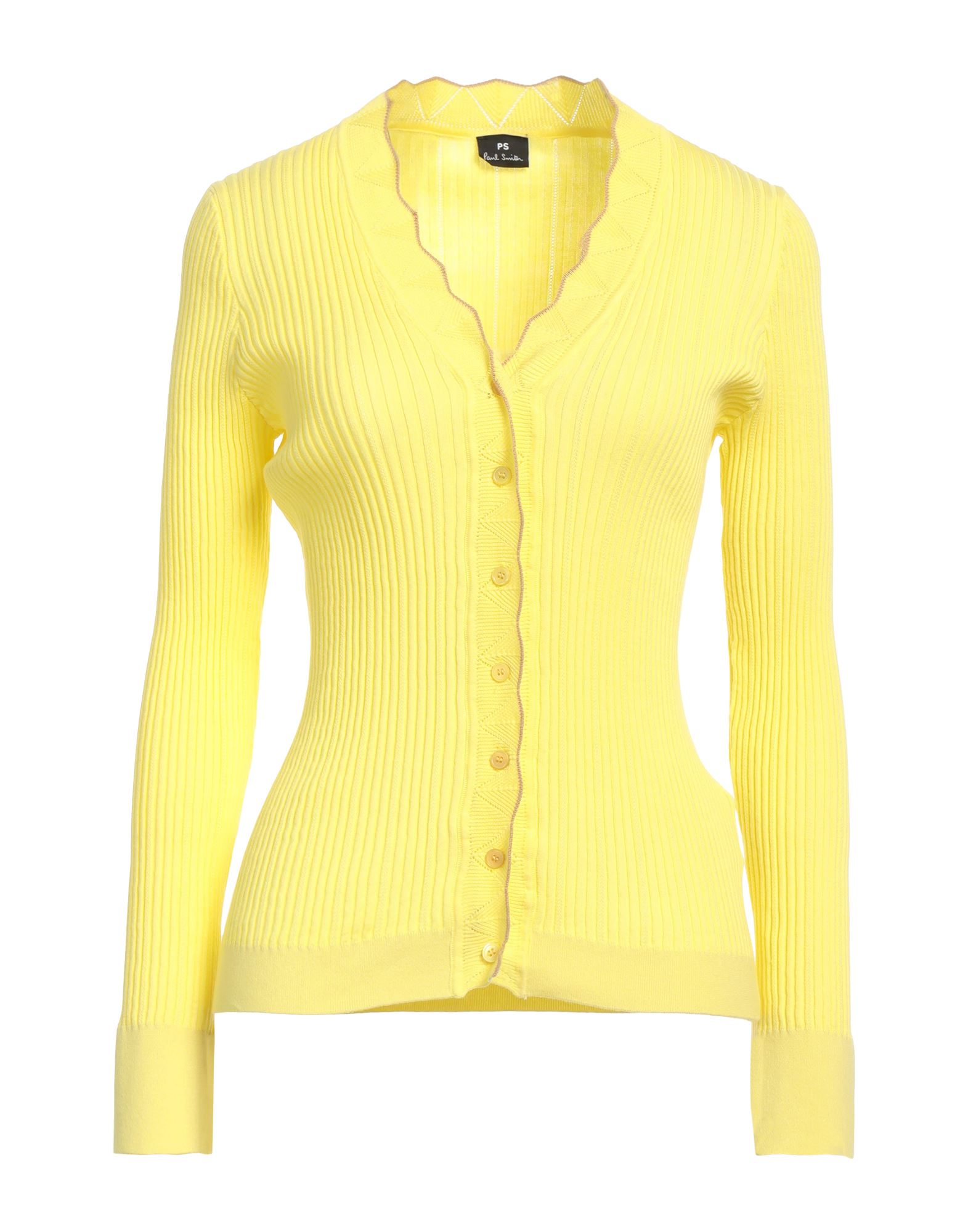 니트 소재, 라이트웨이트 니트, 솔리드 컬러, 파이핑 트림, 롱 슬리브, 버튼 여밈, 손세탁 또는 드라이클리닝, 표백 금지, 건조기 사용불가. 이미지