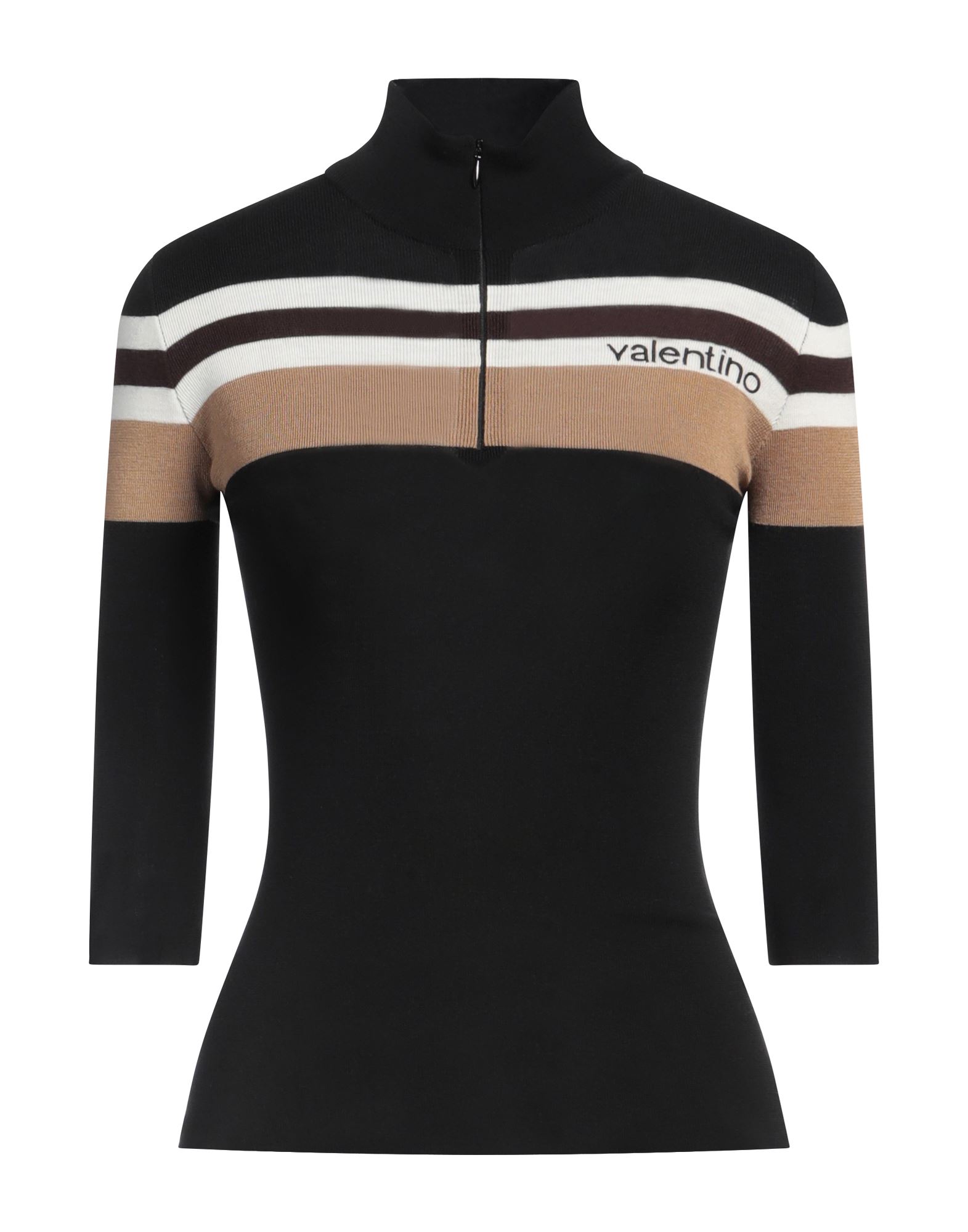 니트 소재, 라이트웨이트 니트, 브랜드 로고, 멀티컬러 패턴, 터틀넥, 3/4길이 슬리브, 지퍼 여밈, 포켓 없음. 이미지