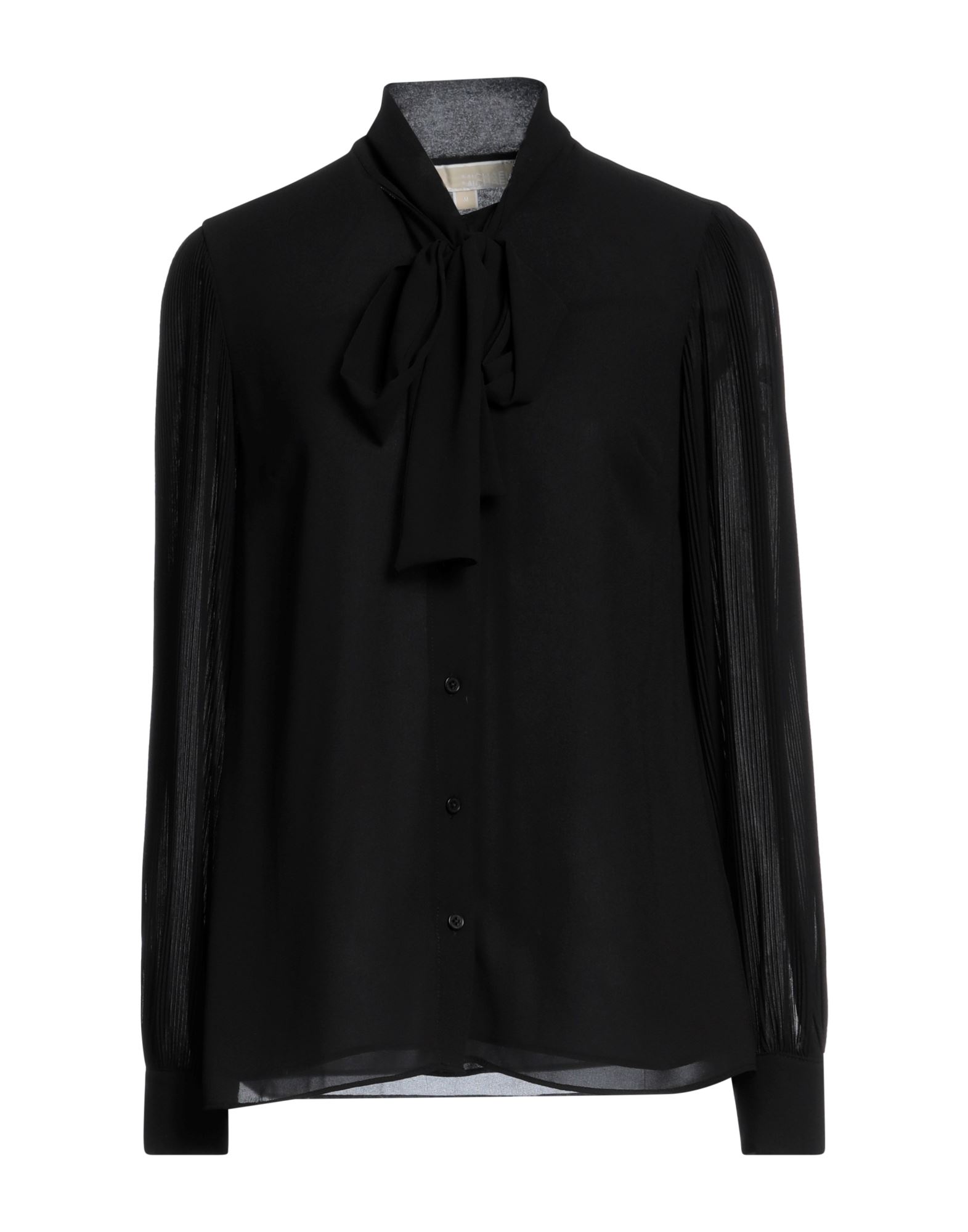 보우 디테일 셔츠, 크레이프, 솔리드 컬러, 장식 부착 없음, 롱 슬리브, 버튼 여밈. 이미지