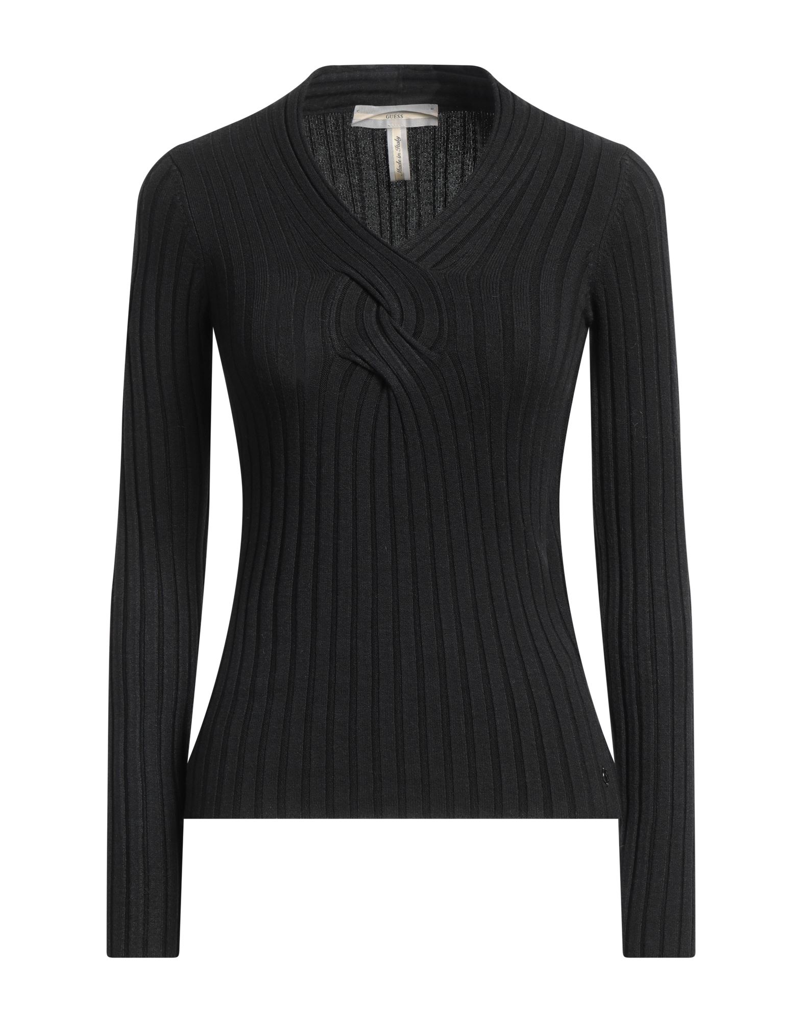 리브(rib) 조직, 라이트웨이트 니트, 브랜드 로고, 솔리드 컬러, v 네크라인, 롱 슬리브, 드라이클리닝, 표백 금지, 건조기 사용불가. 이미지