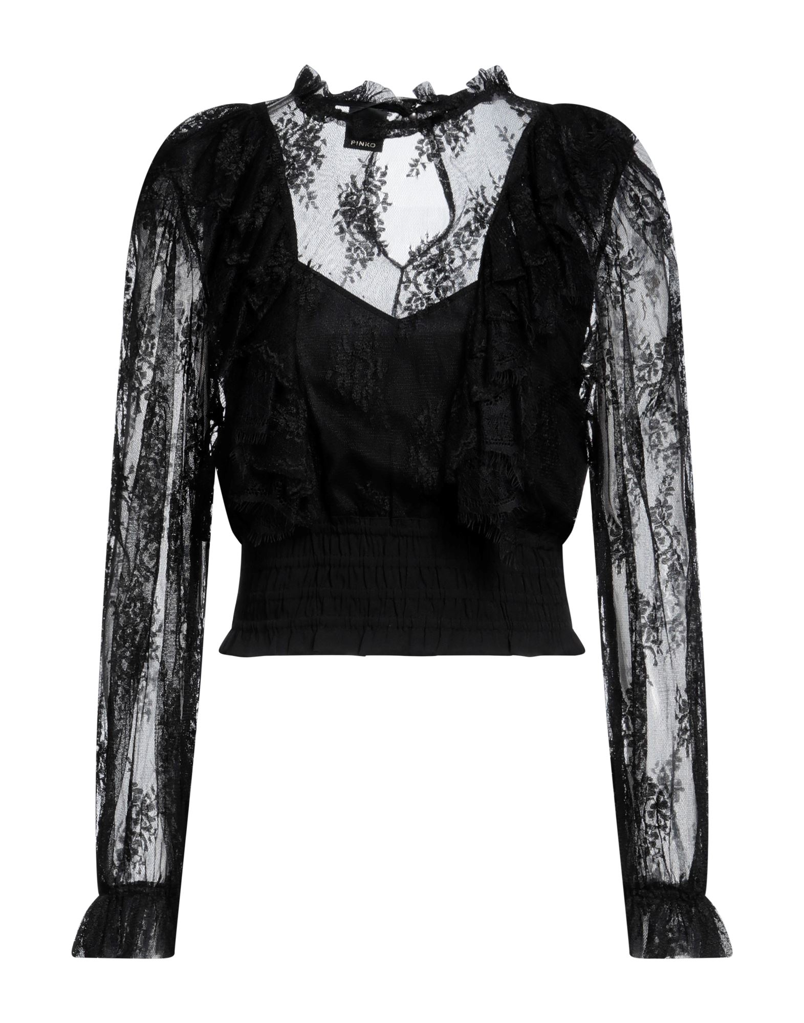 루쉬 디테일 탑, 레이스, 크레이프, 솔리드 컬러, 러플, 크루넥, 롱 슬리브, 엘라스틱 커프스, 부분적으로 안감 처리한 내부, 1 버튼, 드라이클리닝, 표백 금지, 건조기 사용불가. 이미지