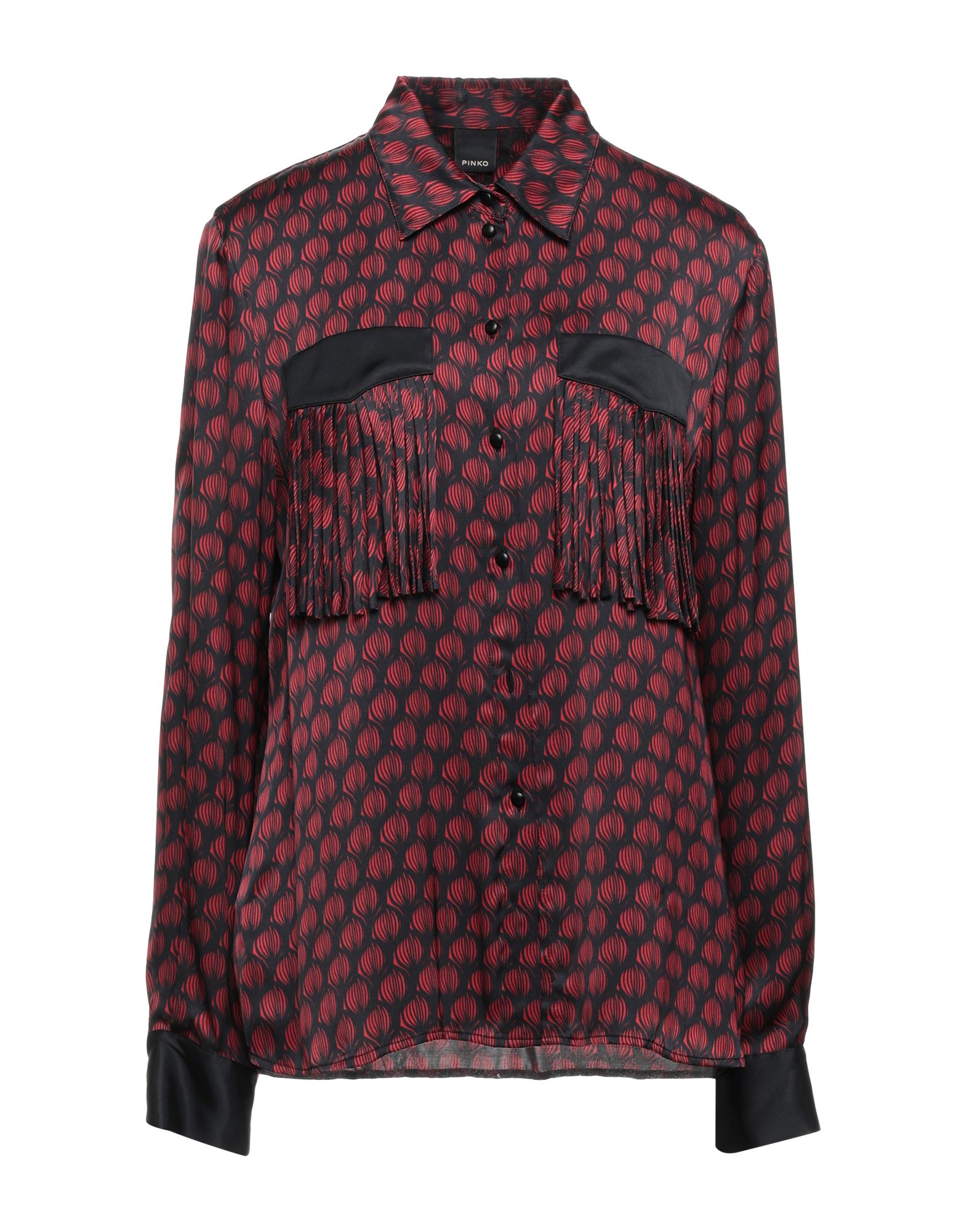 새틴, 프린지, 투톤 패턴, 프론트 클로져, 버튼 여밈, 롱 슬리브, 버튼 커프스, 클래식 칼라, 포켓 없음. 이미지