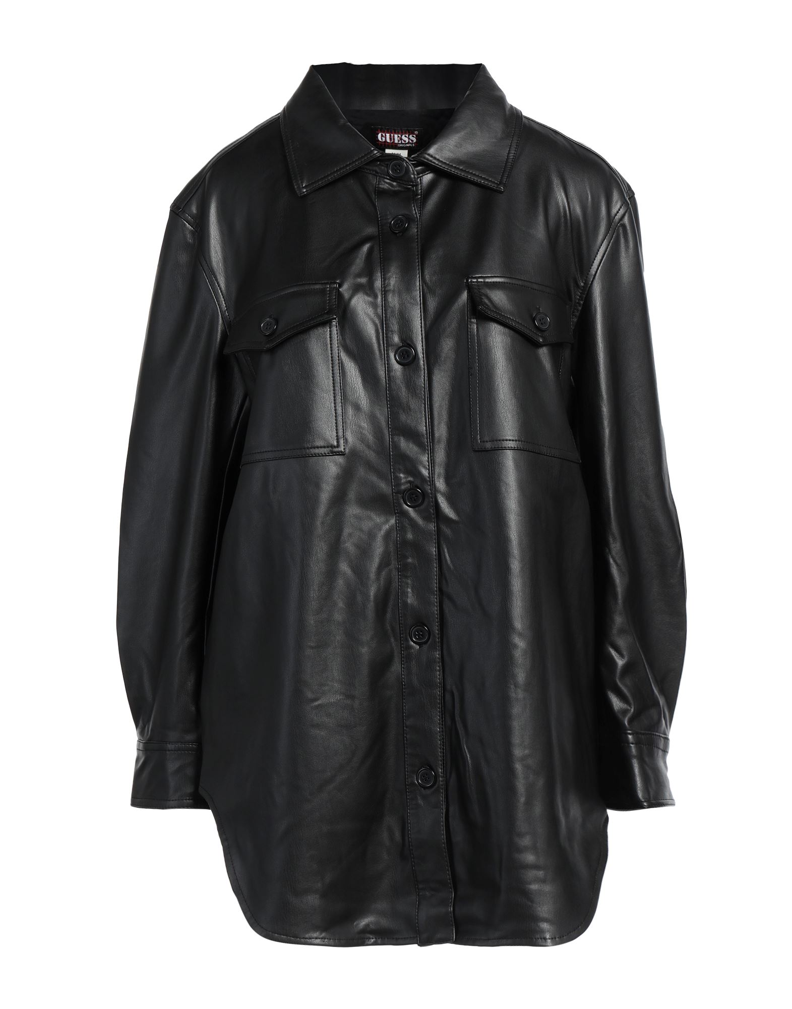 셔츠 자켓, 인조가죽, 솔리드 컬러, 장식 부착 없음, 클래식 칼라, 롱 슬리브, 버튼 커프스, 안감없음, 버튼 여밈, 포켓 2개, 플랩 포켓, 스트레치, 손세탁, 표백 금지, 건조기 사용불가, 다림질 금지. 이미지