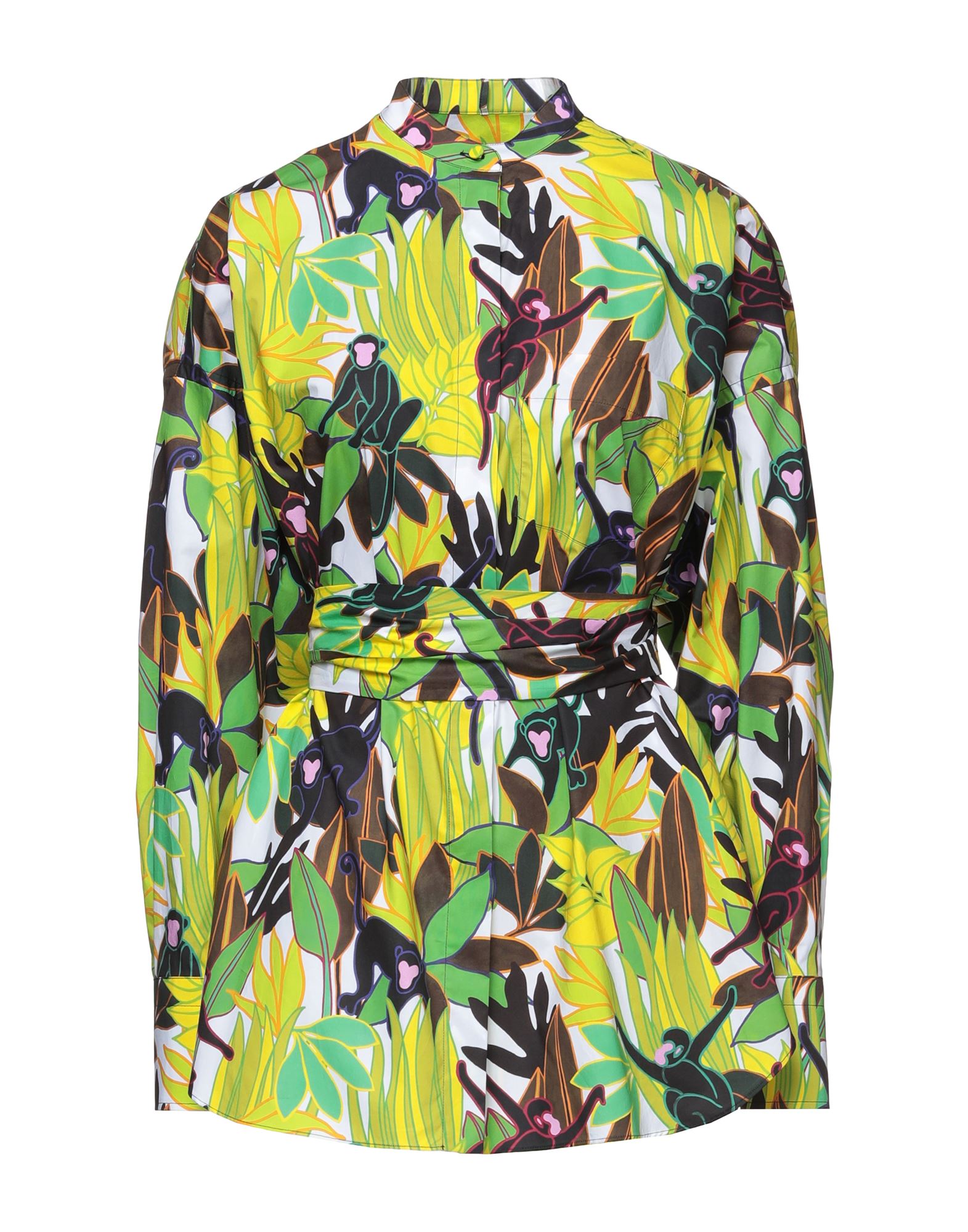 셔츠, 우븐, 플로럴 모티브, 벨트, 스탠드 칼라, 롱 슬리브, 버튼 여밈, 포켓 1개, 동물성 비섬유 자재 함유. 이미지