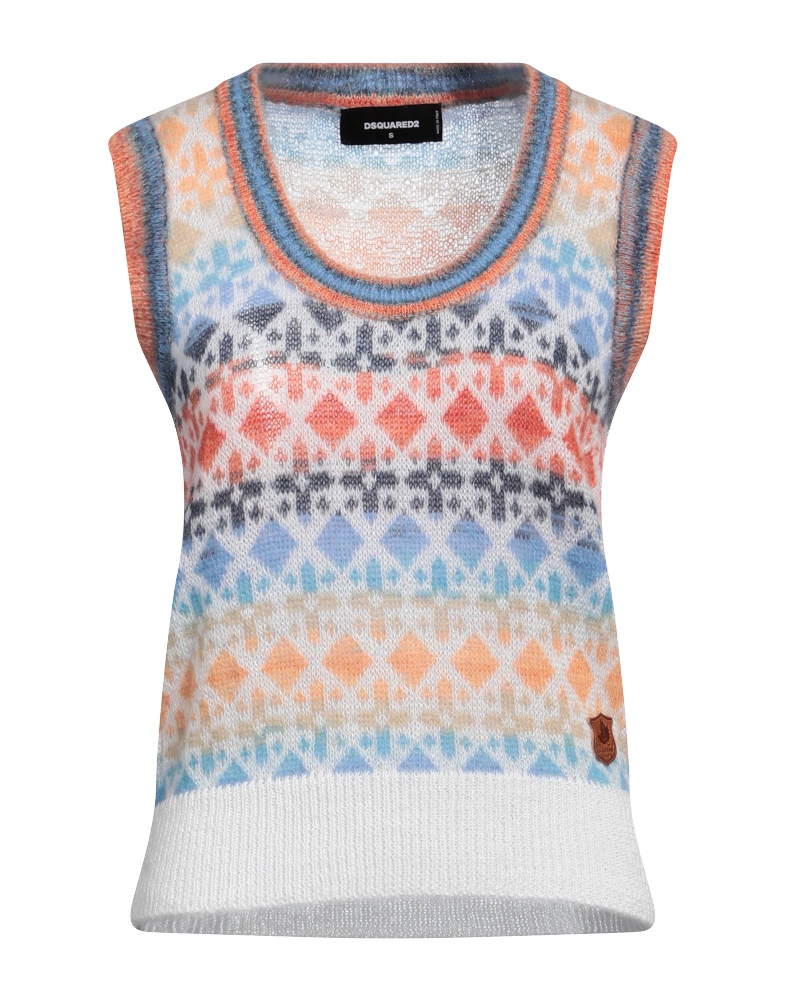 니트 소재, 라이트웨이트 니트, 장식 부착 없음, 멀티컬러 패턴, 크루넥, 슬리브리스, 포켓 없음, 동물성 비섬유 자재 함유, 드라이클리닝, 건조기 사용불가, 표백 금지. 이미지