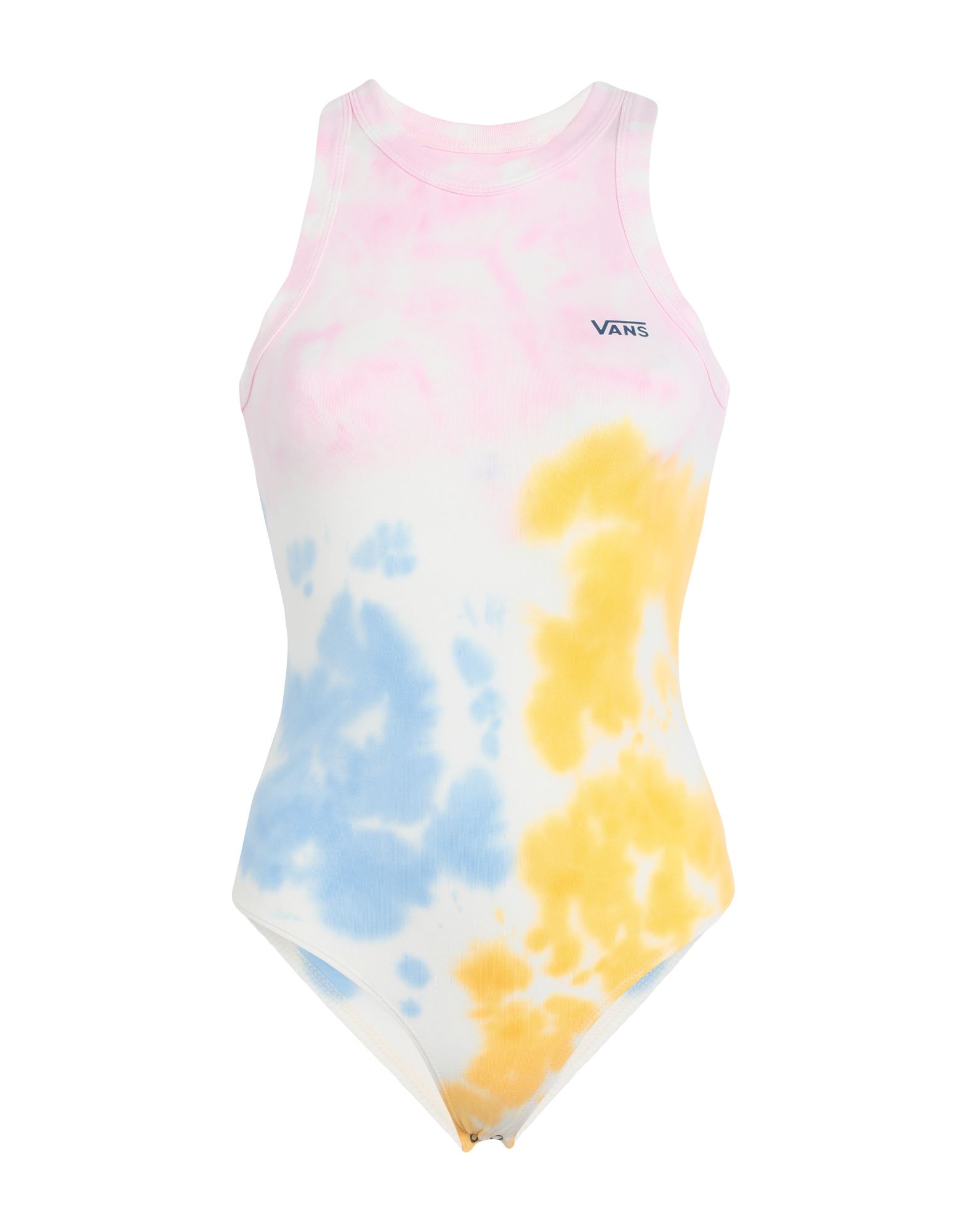 저지, 브랜드 로고, 멀티컬러 패턴, 라운드 네크라인, 슬리브리스, 스냅버튼, 바디수트형, 스트레치. 이미지