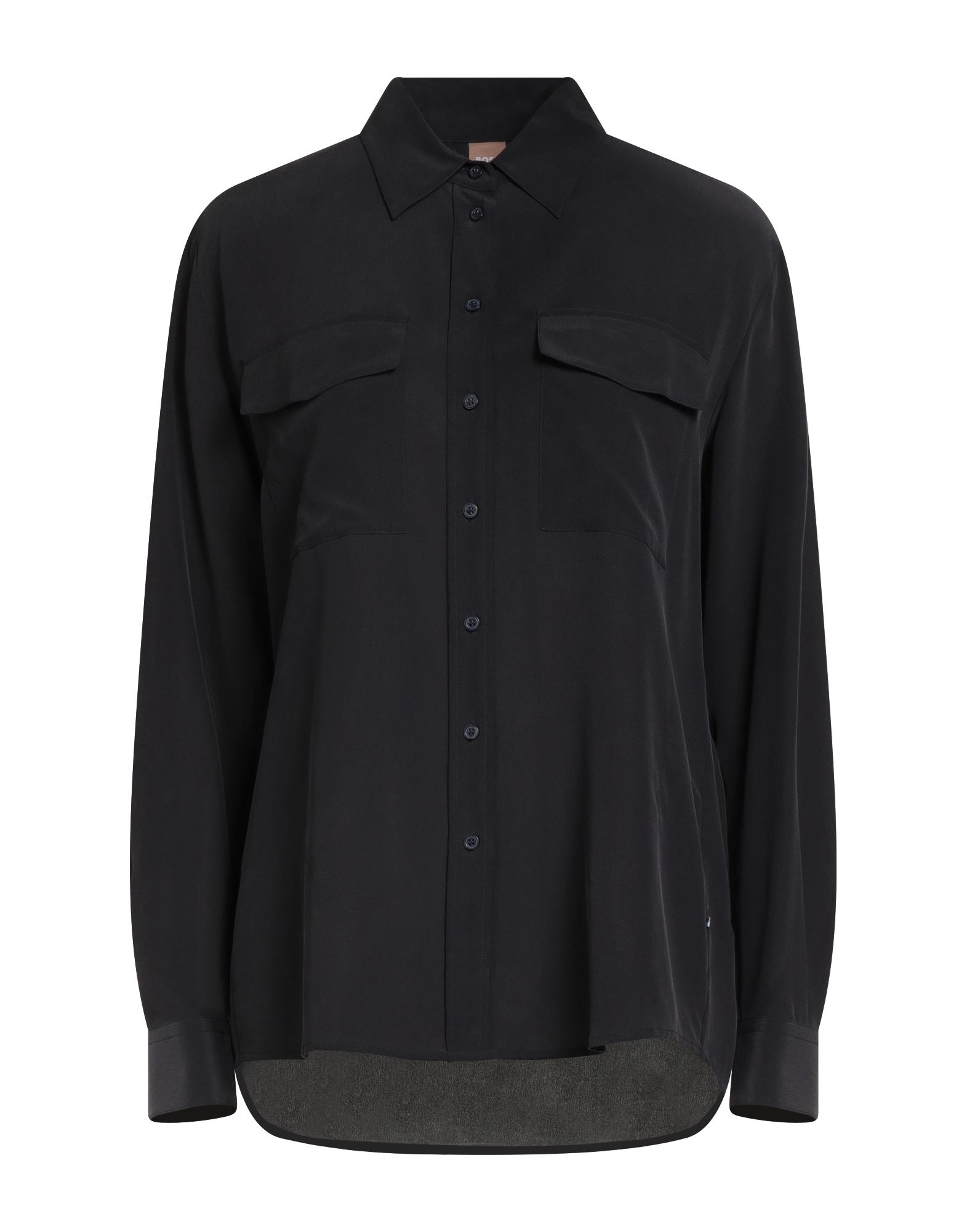 사파리 셔츠, 크레이프, 솔리드 컬러, 장식 부착 없음, 클래식 칼라, 롱 슬리브, 버튼 여밈, 포켓 2개, 손세탁, 표백 금지, 건조기 사용불가. 이미지