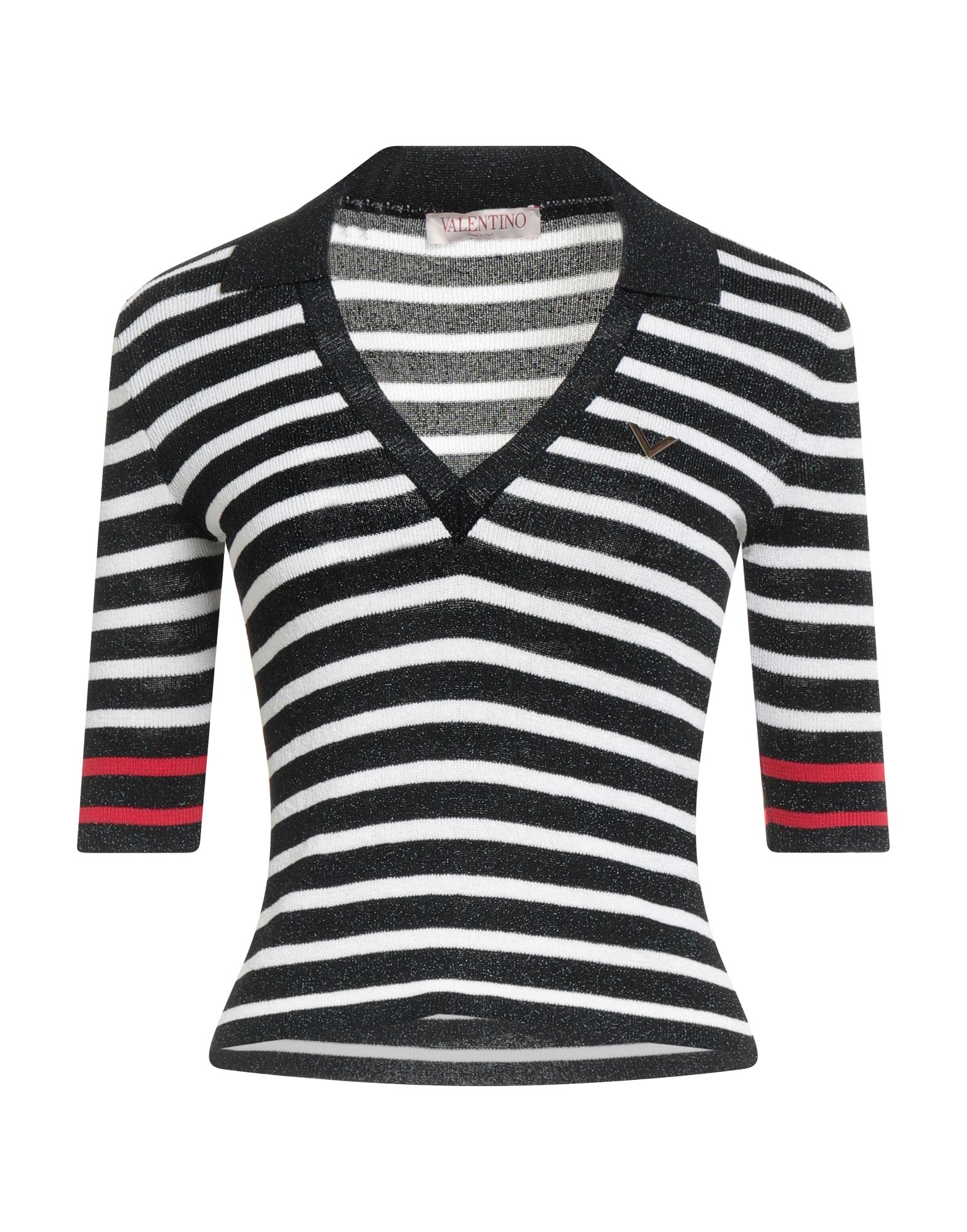 니트 소재, 라이트웨이트 니트, 메탈릭 효과, 브랜드 로고, 스트라이프, v 네크라인, 쇼트 슬리브, 드라이클리닝, 표백 금지, 건조기 사용불가. 이미지