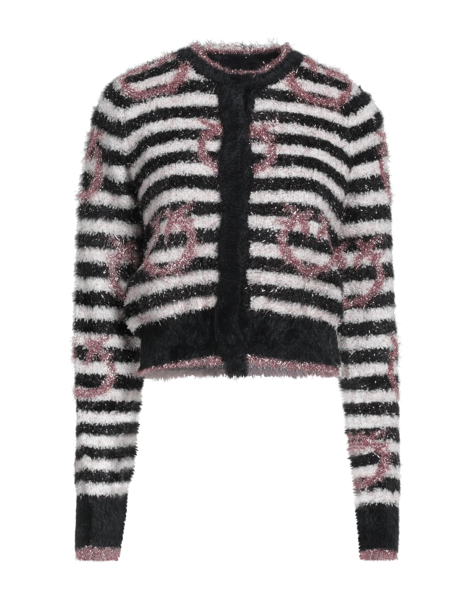 니트 소재, 미디엄웨이트 니트, 메탈릭 효과, 브랜드 로고, 스트라이프, 롱 슬리브, 스냅버튼 여밈, 손세탁, 표백 금지, 건조기 사용불가, 다림질 금지. 이미지