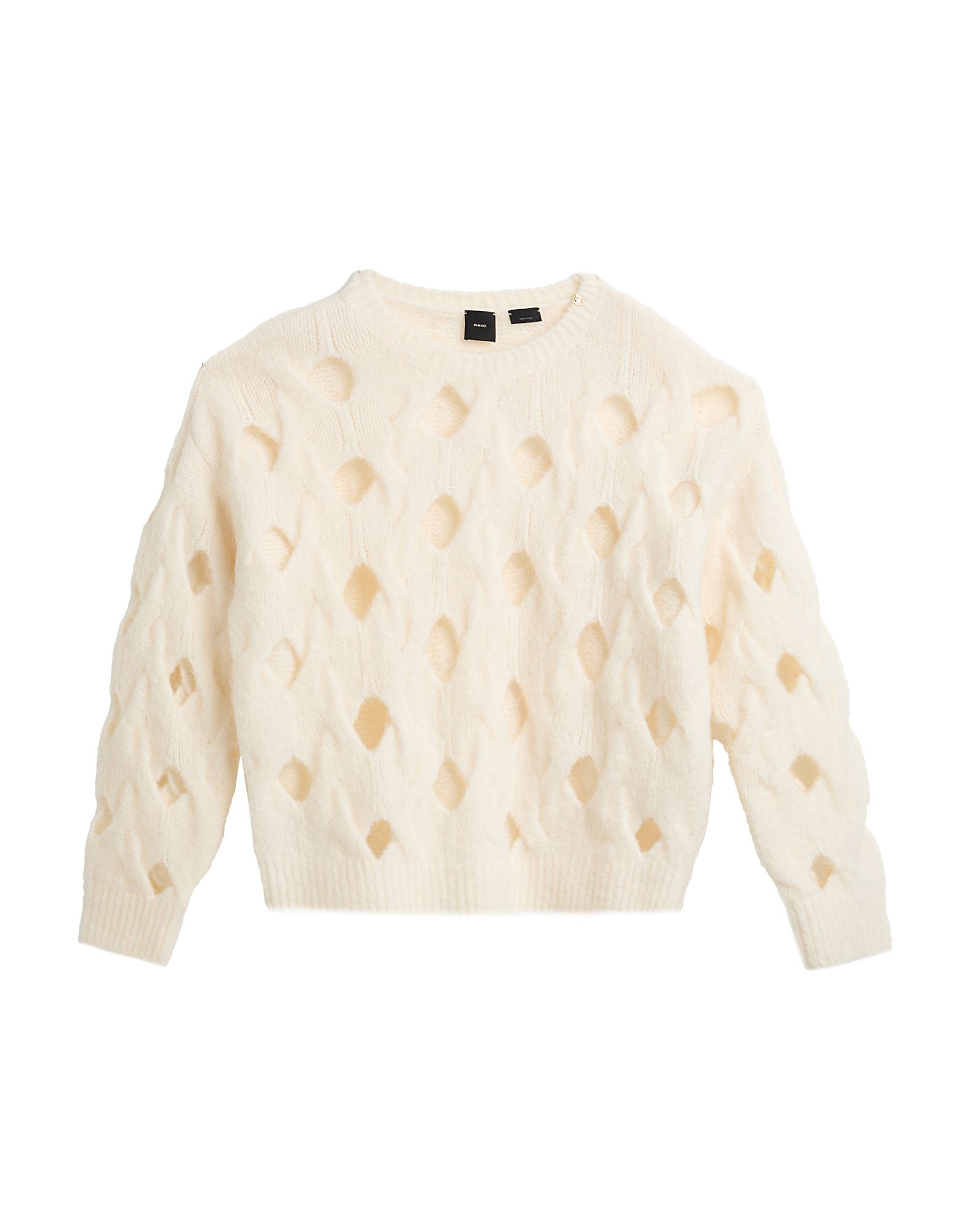 케이블 니트, 오픈 니트, 미디엄웨이트 니트, 브랜드 로고, 멜란지, 크루넥, 롱 슬리브, 포켓 없음, 스트레치, 손세탁 또는 드라이클리닝, 표백 금지, 건조기 사용불가. 이미지