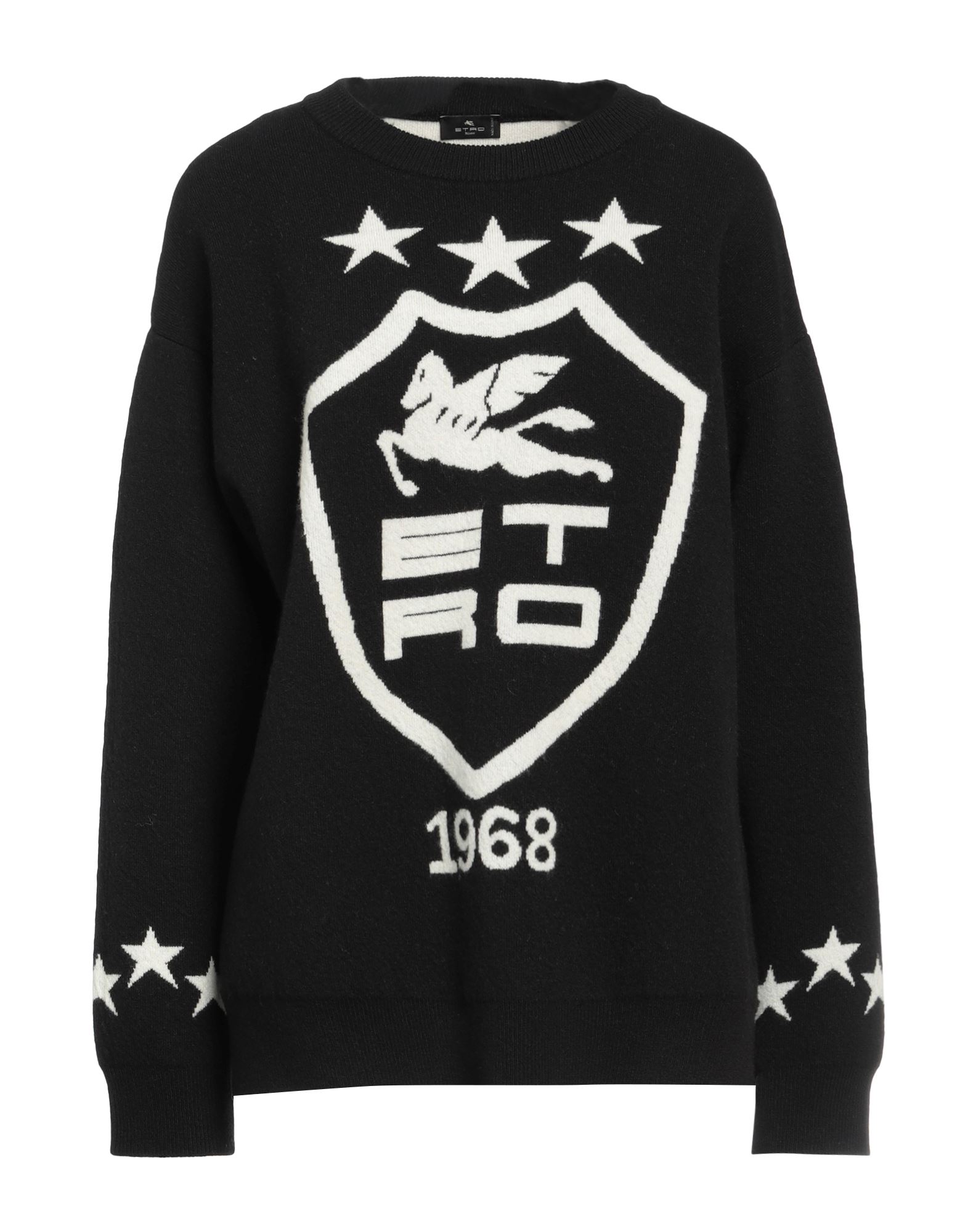 니트 소재, 미디엄웨이트 니트, 브랜드 로고, 투톤 패턴, 크루넥, 롱 슬리브, 안감없음, 포켓 없음, 사이드 슬릿 헴라인, 라지 핏. 이미지