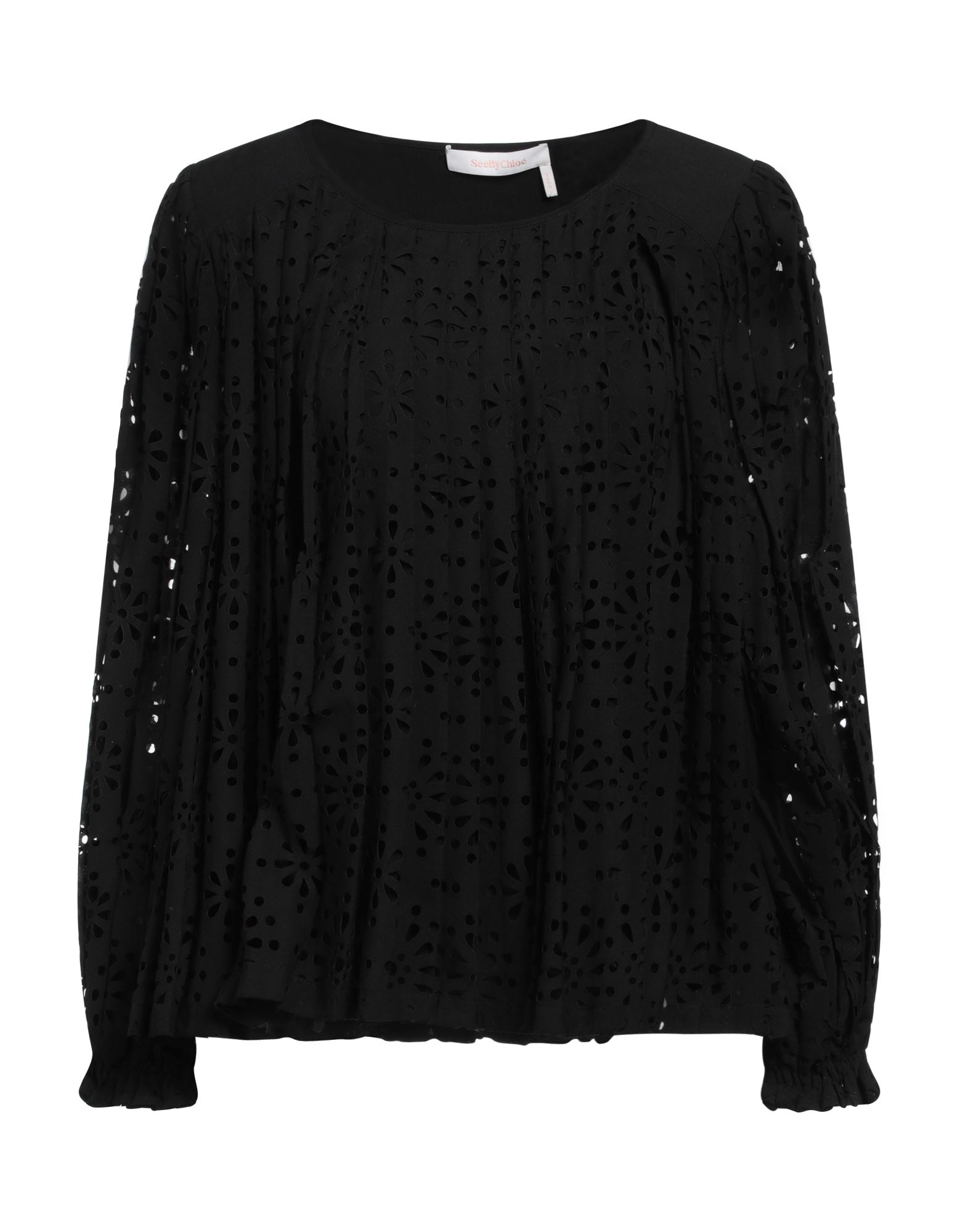 크레이프, 장식 부착 없음, 솔리드 컬러, 크루넥, 롱 슬리브, 엘라스틱 커프스, 포켓 없음, 보헤미안 블라우스. 이미지