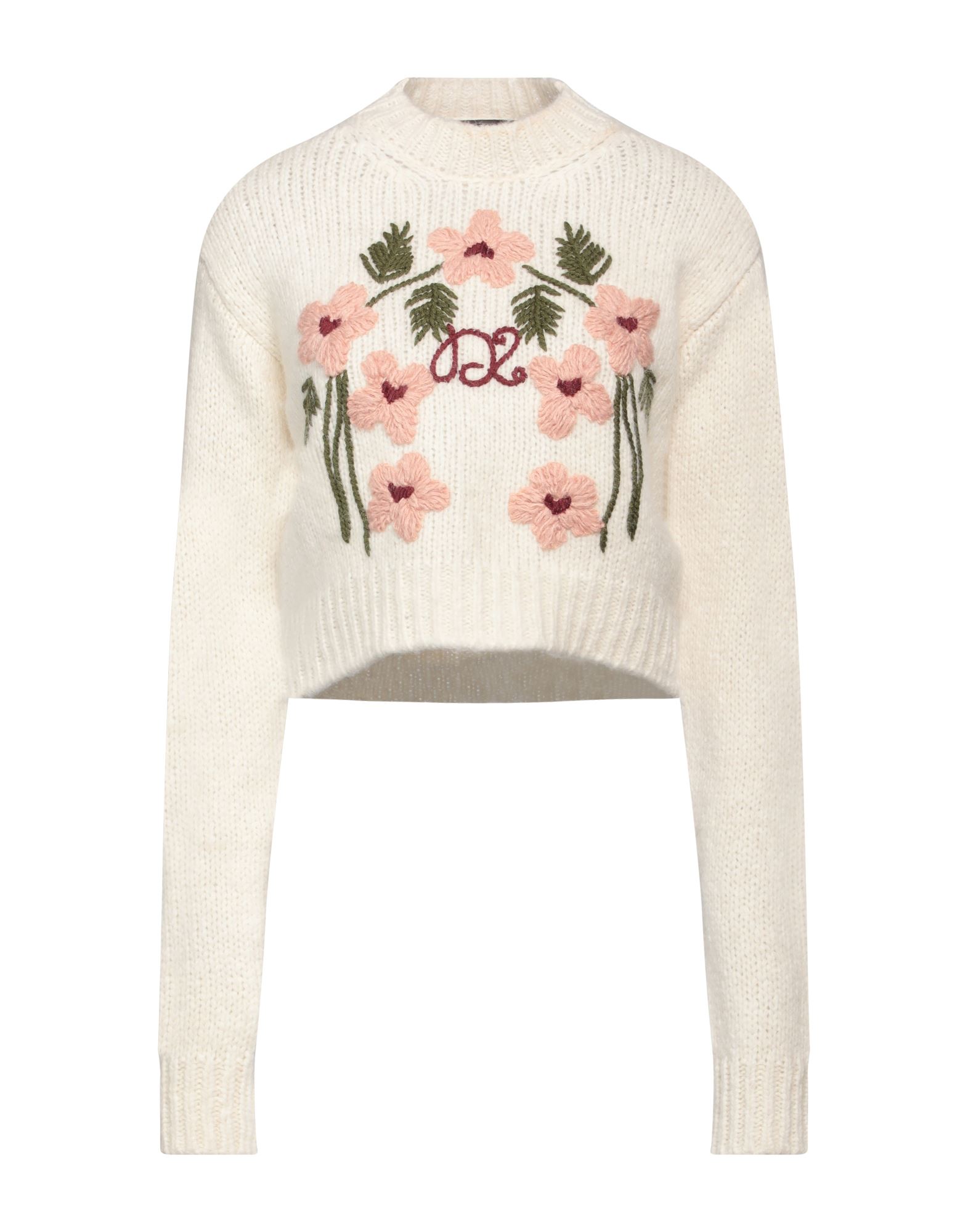 니트 소재, 미디엄웨이트 니트, 브랜드 로고, 자수 장식, 플로럴 모티브, 크루넥, 롱 슬리브, 포켓 없음, 드라이클리닝, 표백 금지, 건조기 사용불가. 이미지