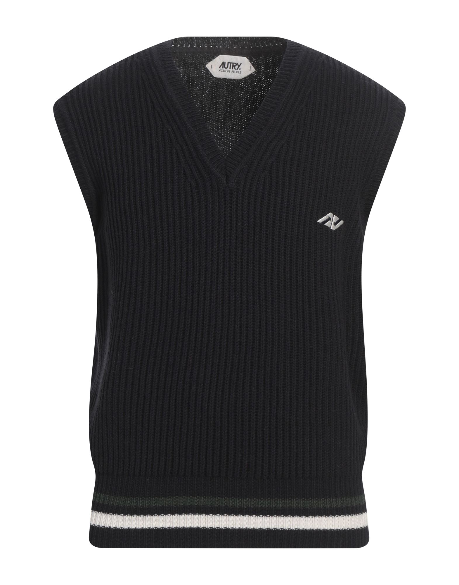 니트 소재, 미디엄웨이트 니트, 멀티컬러 패턴, 자수 로고 장식, v 네크라인, 슬리브리스, 손세탁 또는 드라이클리닝, 표백 금지, 건조기 사용불가. 이미지