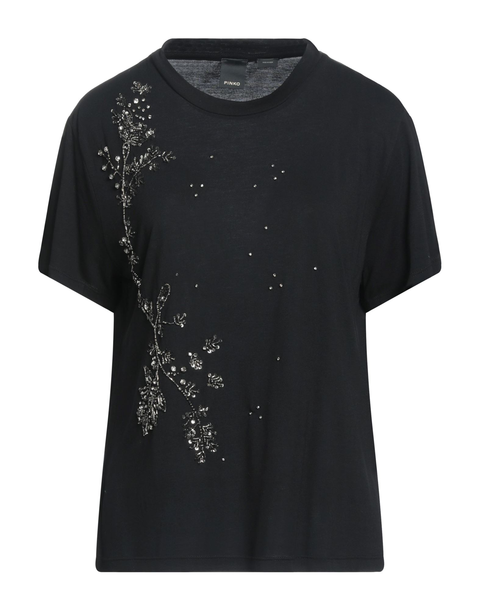 티셔츠, 저지, 장식 디테일 솔리드 컬러, 크리스탈, 비즈, 크루넥, 쇼트 슬리브, 손세탁, 표백 금지, 건조기 사용불가. 이미지