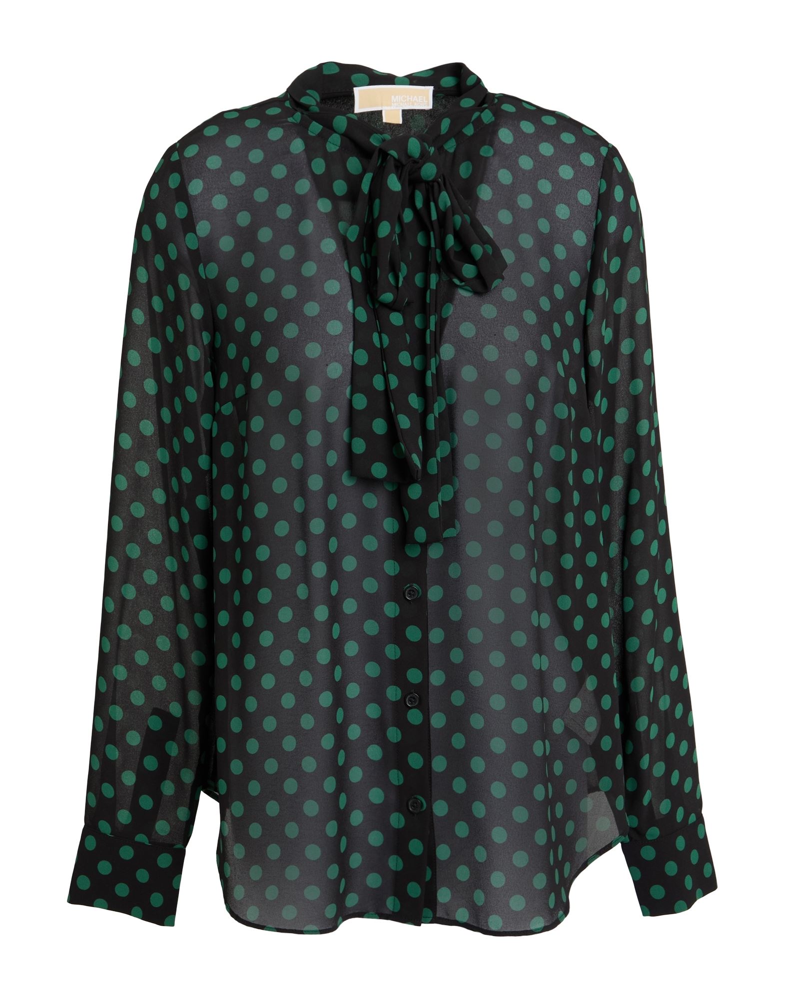 보우 디테일 셔츠, 크레이프, 폴카도트, 브랜드 로고, 롱 슬리브, 버튼 여밈, 세탁기 세탁 또는 드라이클리닝, 건조기 사용가능. 이미지