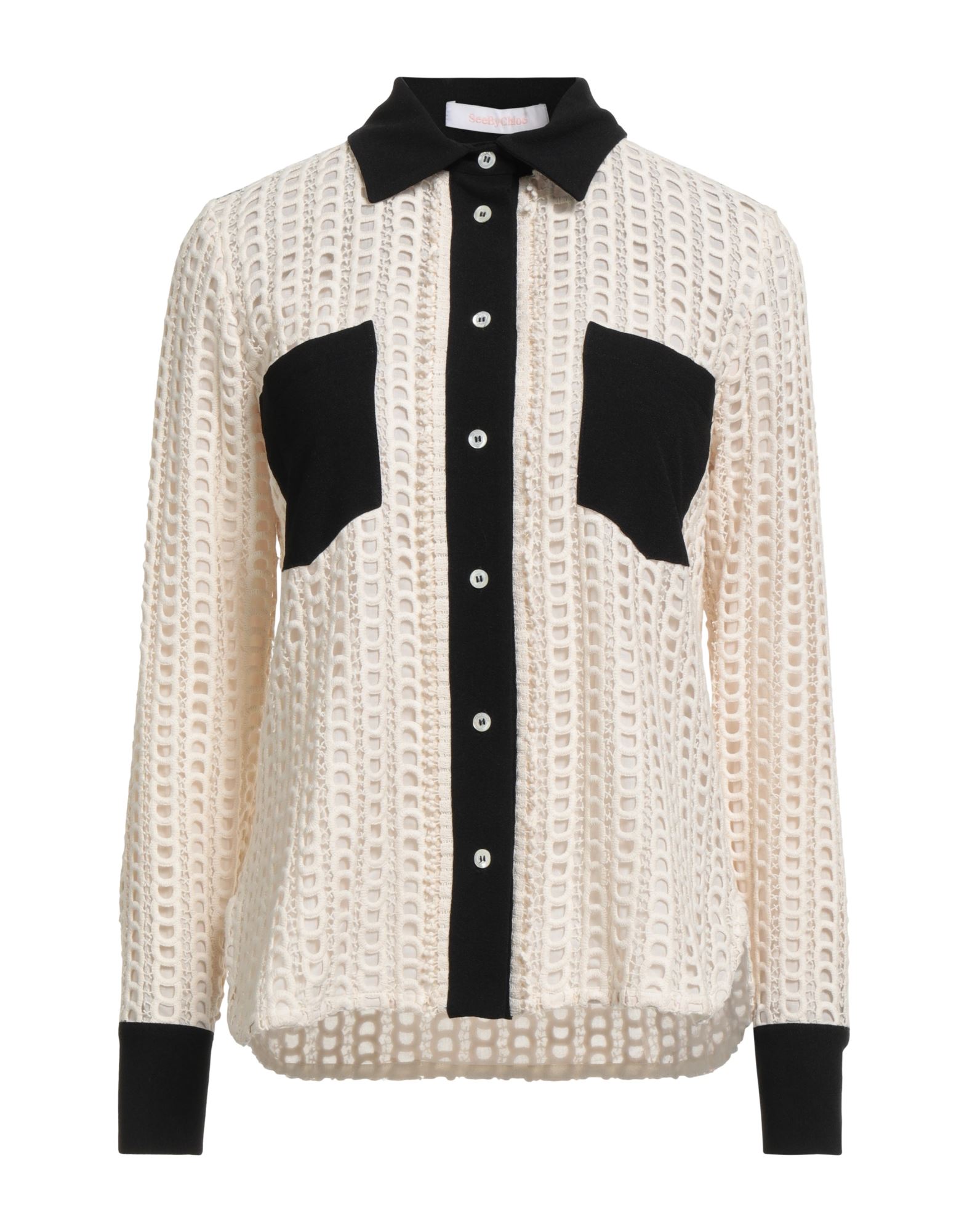 셔츠, 레이스, 크레이프, 투톤 패턴, 장식 부착 없음, 클래식 칼라, 롱 슬리브, 버튼 커프스, 버튼 여밈, 포켓 2개, 손세탁 또는 드라이클리닝, 표백 금지, 건조기 사용불가. 이미지