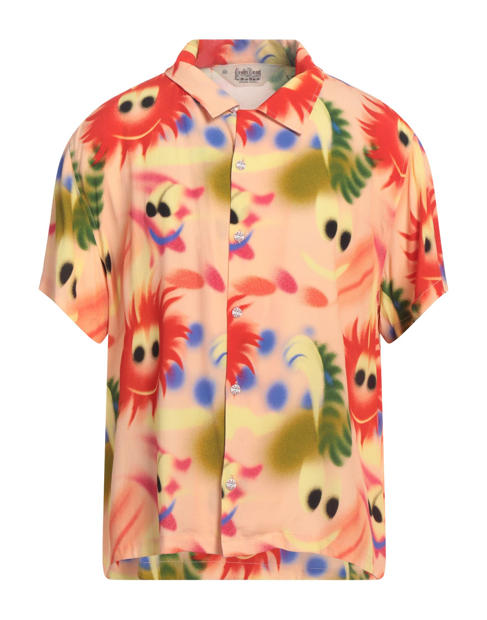 레귤러 셔츠, 크레이프, 하와이안 모티브, 장식 부착 없음, 캠프 칼라, 쇼트 슬리브, 버튼 여밈, 드라이클리닝, 표백 금지, 건조기 사용불가. 이미지