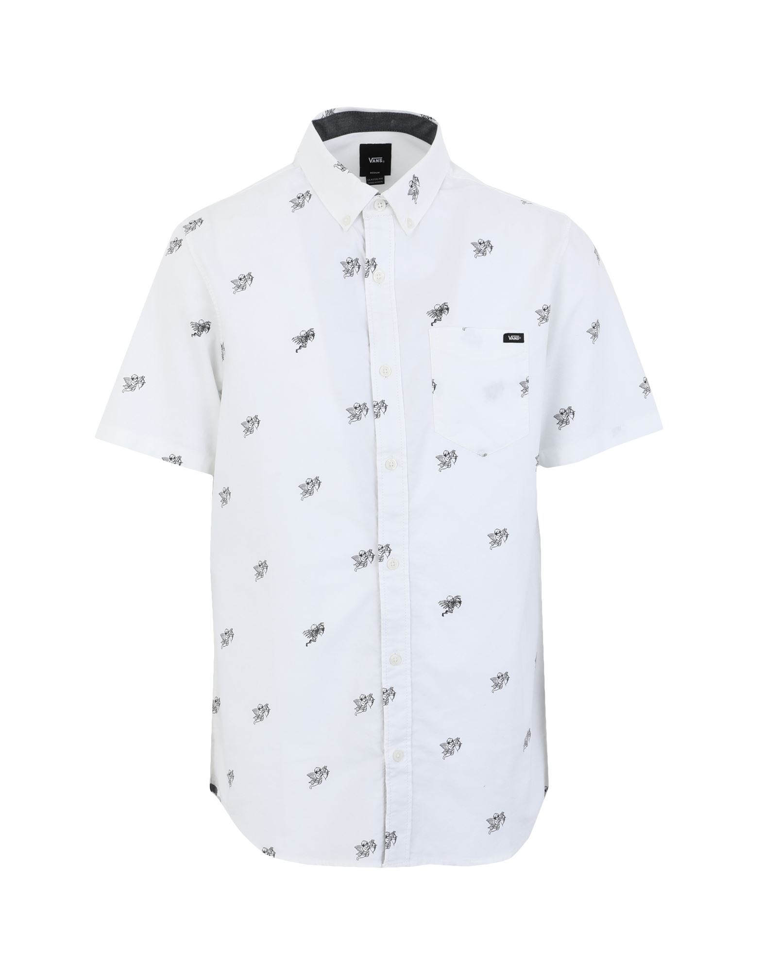 평직, 브랜드 로고, 투톤 패턴, 프론트 클로져, 버튼 여밈, 쇼트 슬리브, 클래식 칼라, 싱글 포켓, 라지 핏. 이미지