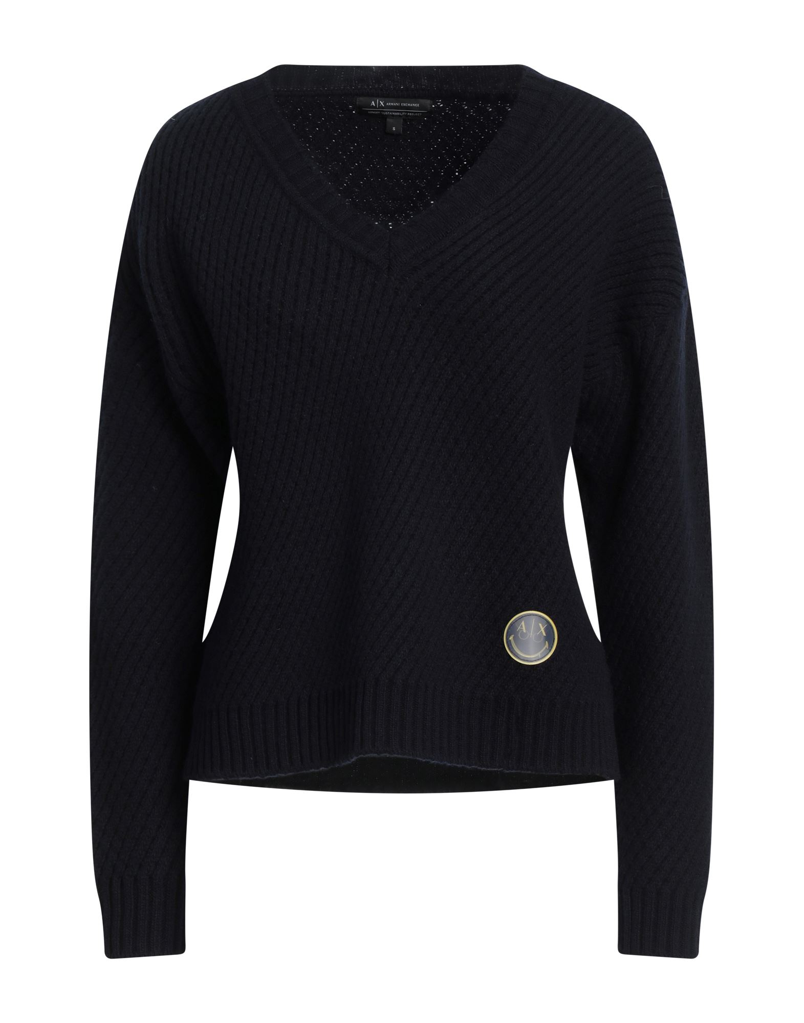 니트 소재, 미디엄웨이트 니트, 솔리드 컬러, 브랜드 로고, v 네크라인, 롱 슬리브, 손세탁, 표백 금지, 건조기 사용불가. 이미지