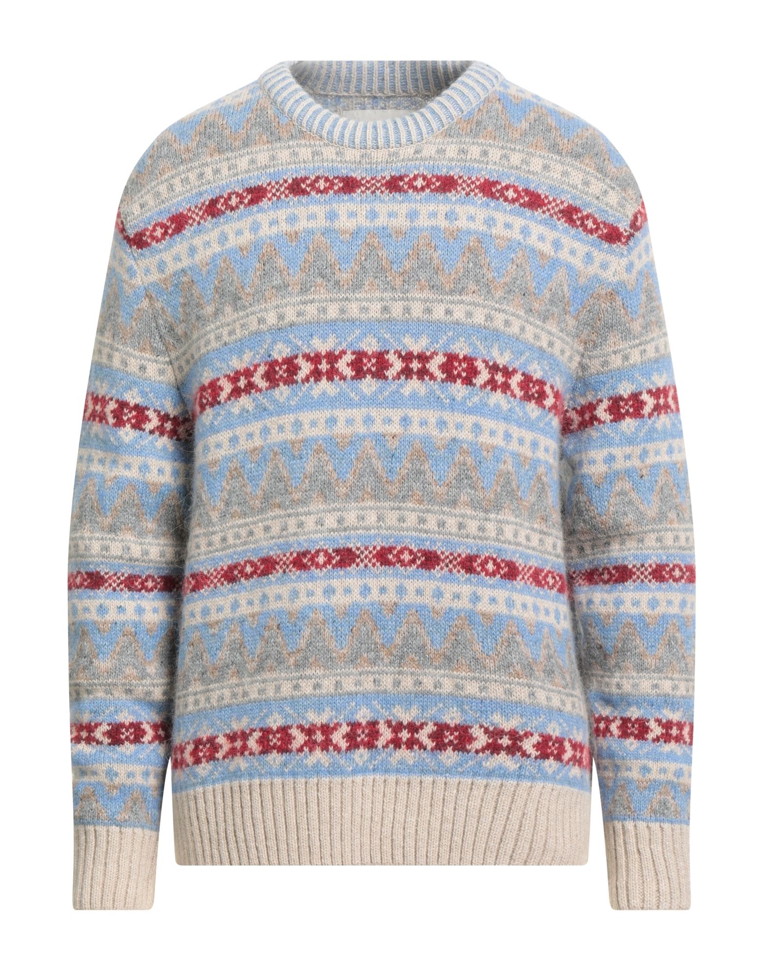 니트 소재, 자카드, 미디엄웨이트 니트, 멜란지, 장식 부착 없음, 크루넥, 롱 슬리브, 손세탁 또는 드라이클리닝, 표백 금지, 건조기 사용불가. 이미지