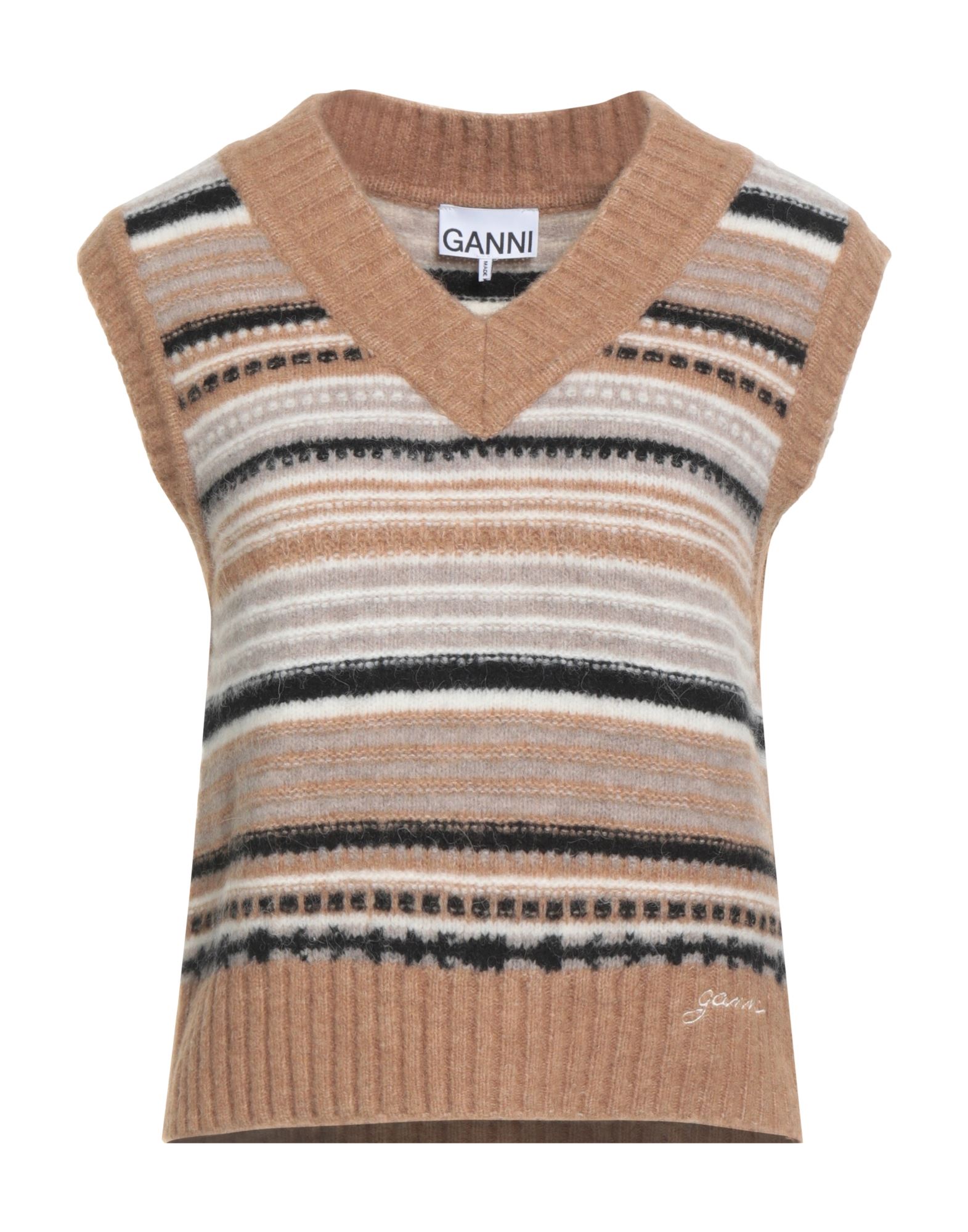 니트 소재, 미디엄웨이트 니트, 스트라이프, 자수 로고 장식, v 네크라인, 슬리브리스, 스트레치, 손세탁, 표백 금지, 건조기 사용불가, 다림질 금지, 이 브랜드는 사이즈가 작게 나옵니다. 이미지